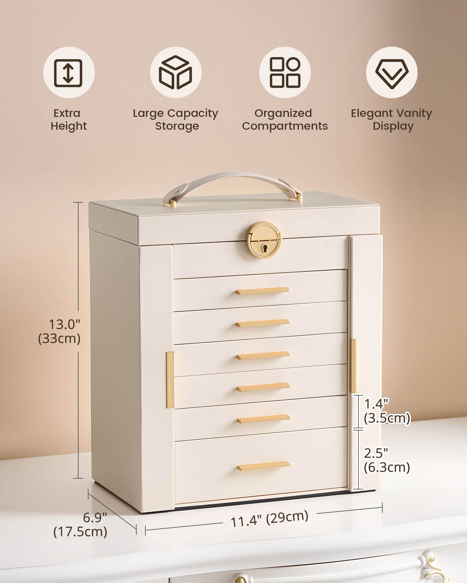 Luxury Large Capacity Jewelry Organizer Box with Mirror & Multi-Layer Drawers