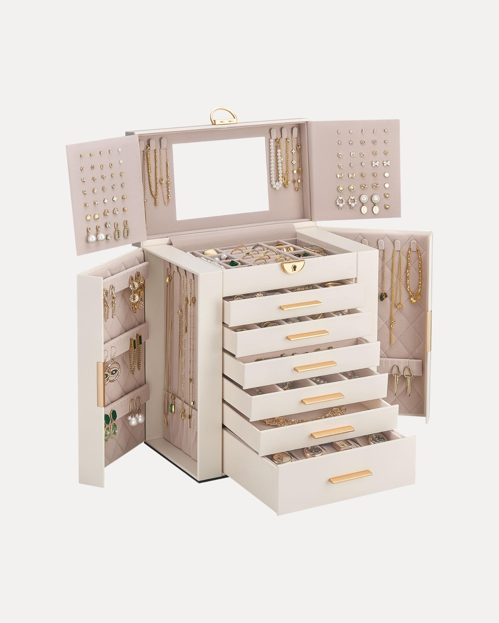 Luxury Large Capacity Jewelry Organizer Box with Mirror & Multi-Layer Drawers