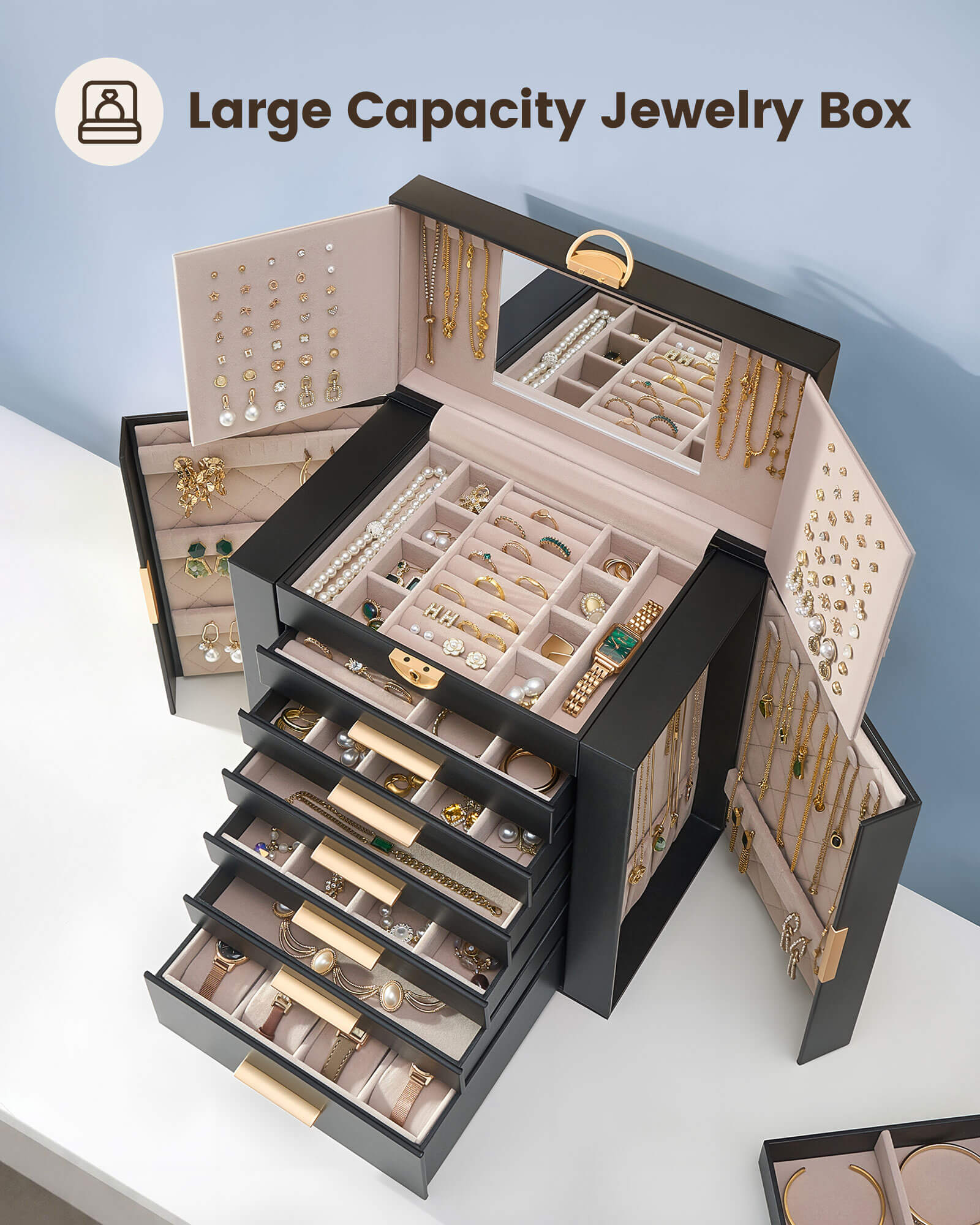 Luxury Large Capacity Jewelry Organizer Box with Mirror & Multi-Layer Drawers