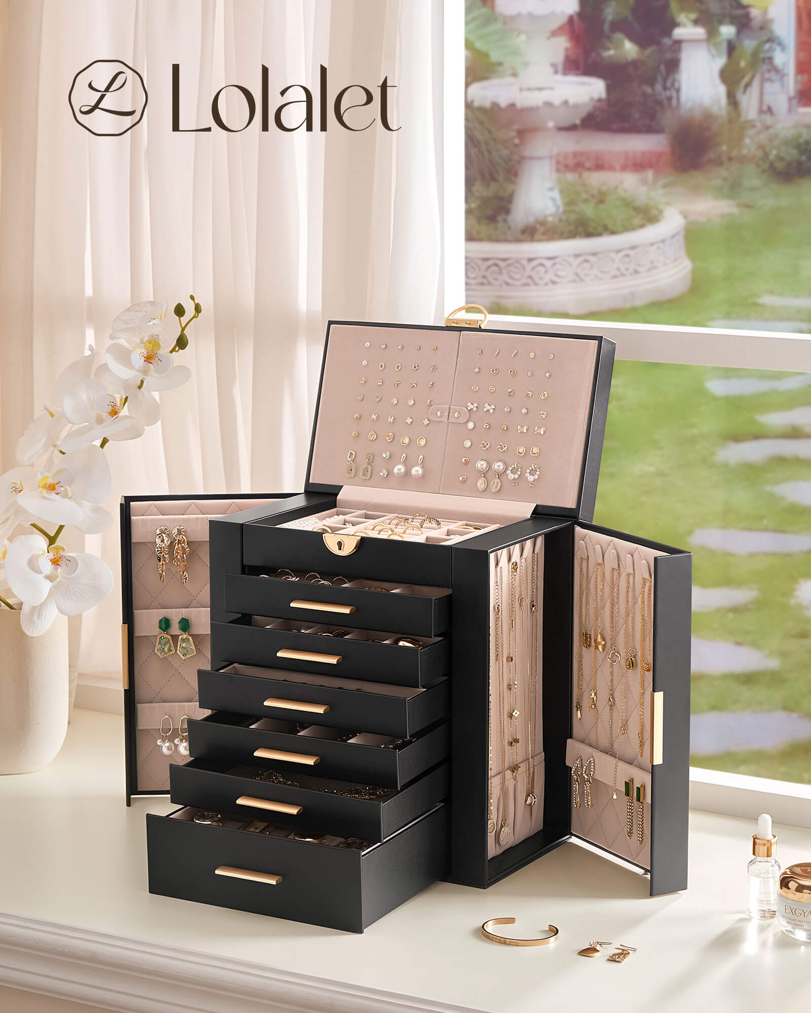 Luxury Large Capacity Jewelry Organizer Box with Mirror & Multi-Layer Drawers