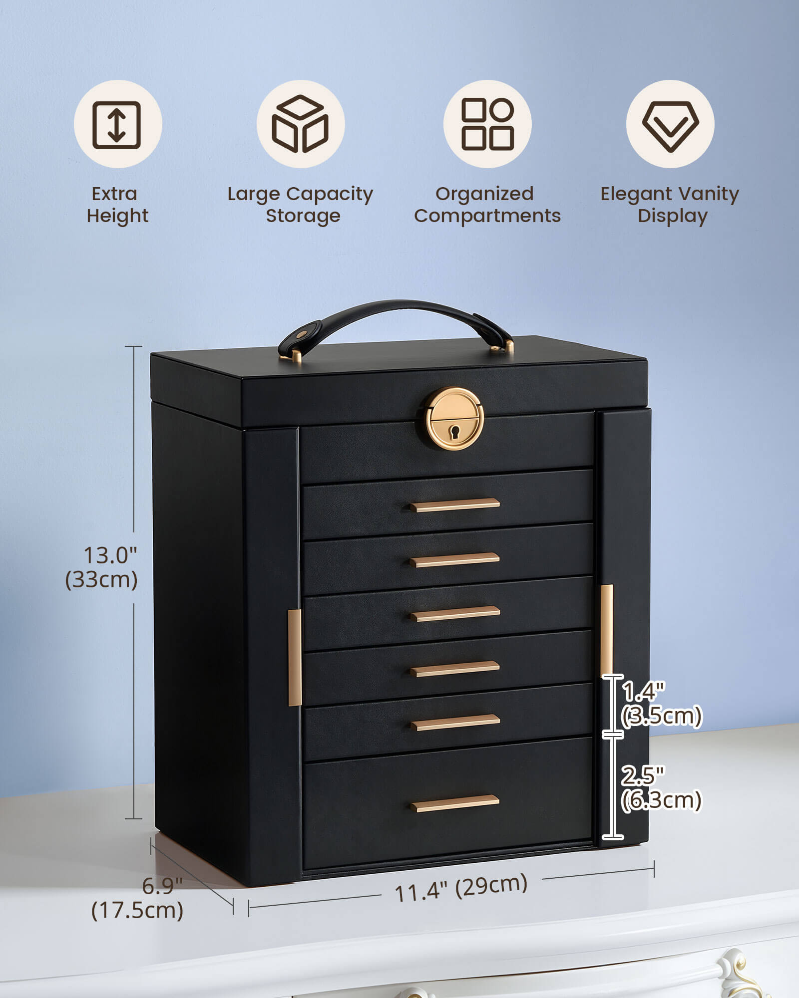 Luxury Large Capacity Jewelry Organizer Box with Mirror & Multi-Layer Drawers