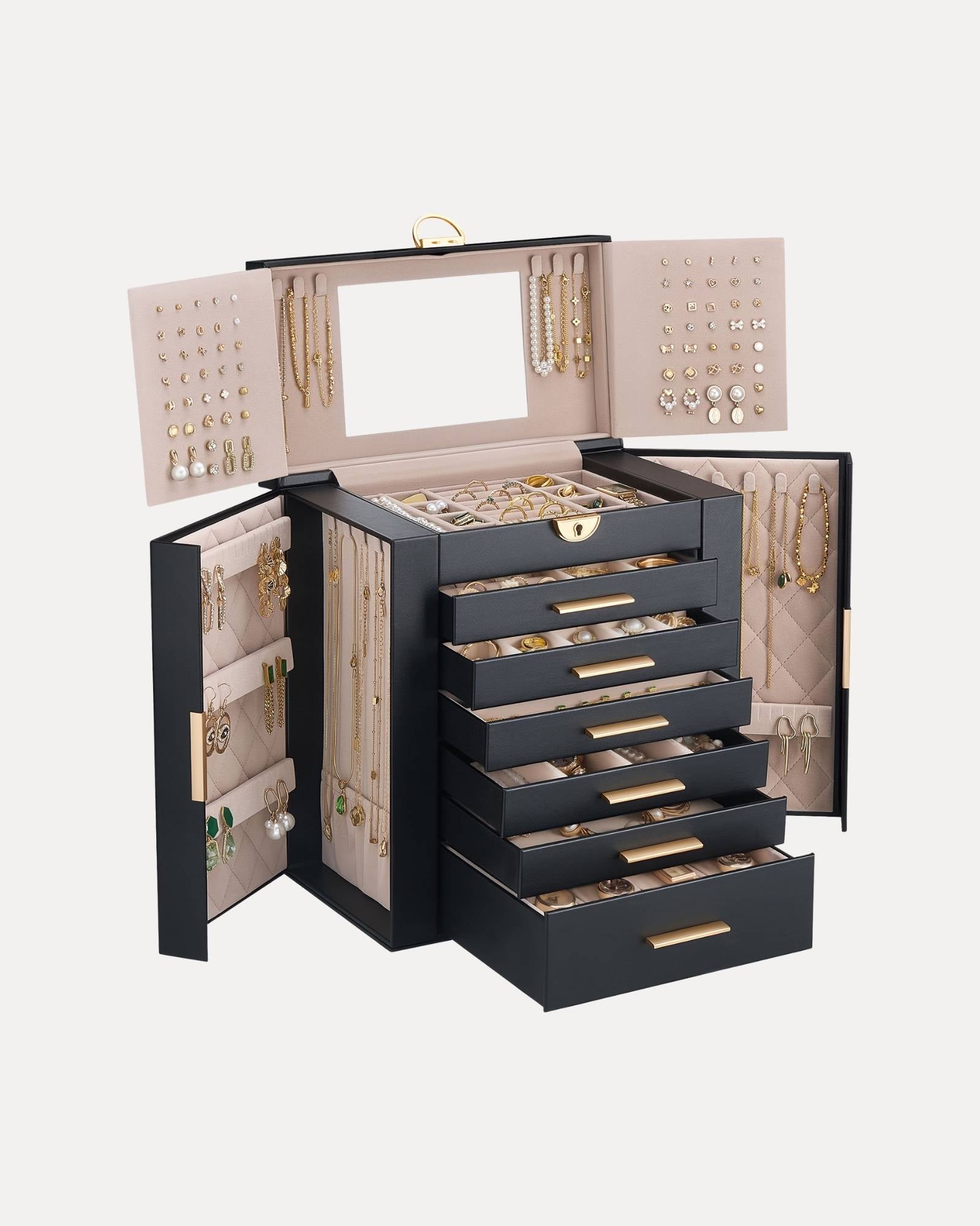 Luxury Large Capacity Jewelry Organizer Box with Mirror & Multi-Layer Drawers
