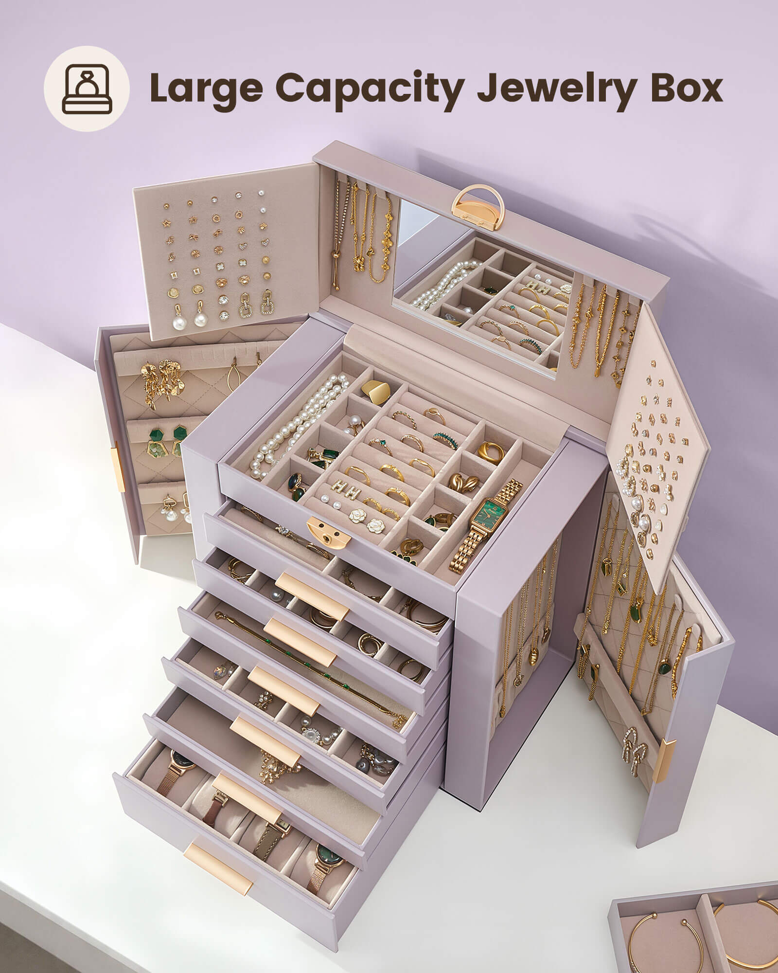 Luxury Large Capacity Jewelry Organizer Box with Mirror & Multi-Layer Drawers