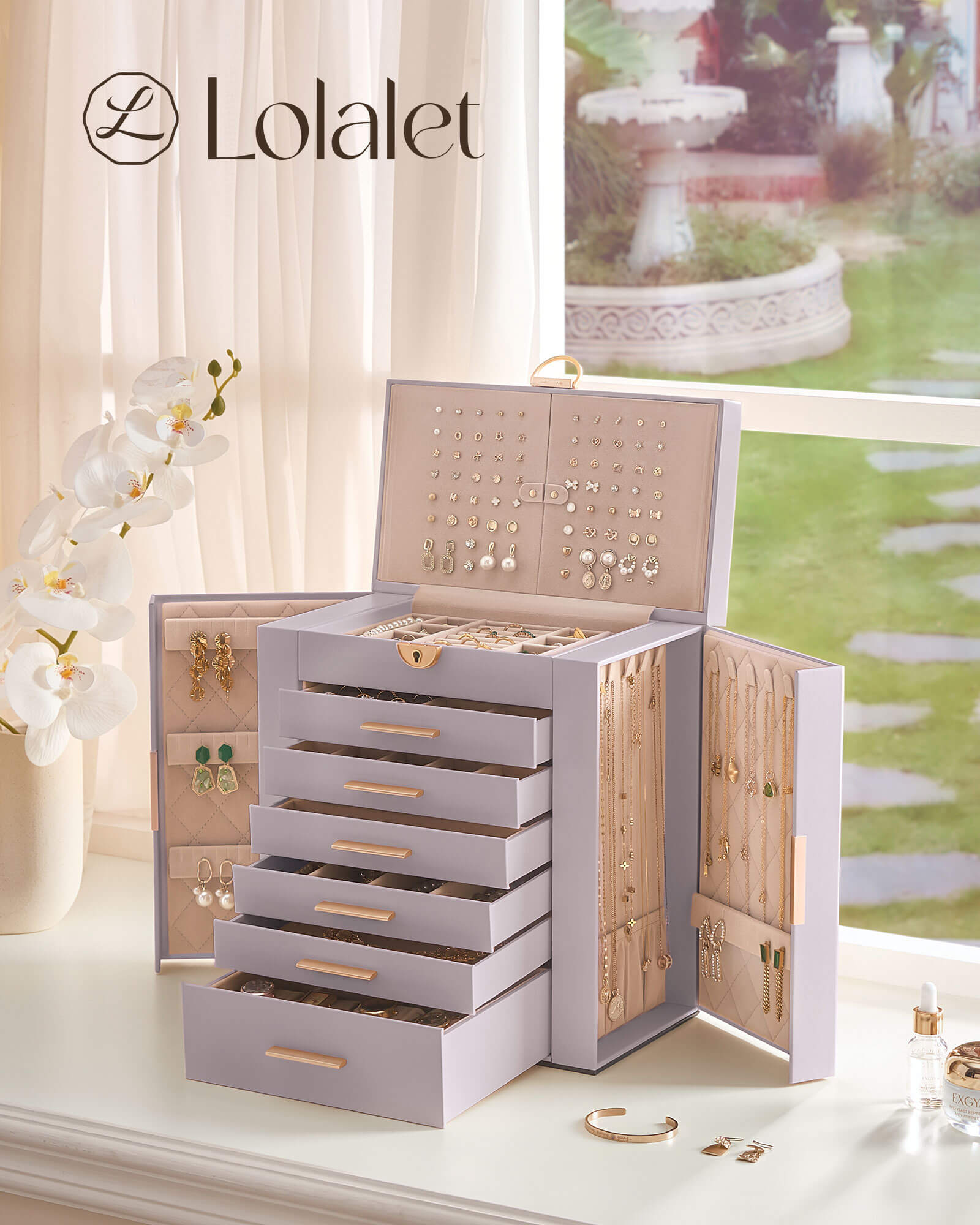 Luxury Large Capacity Jewelry Organizer Box with Mirror & Multi-Layer Drawers