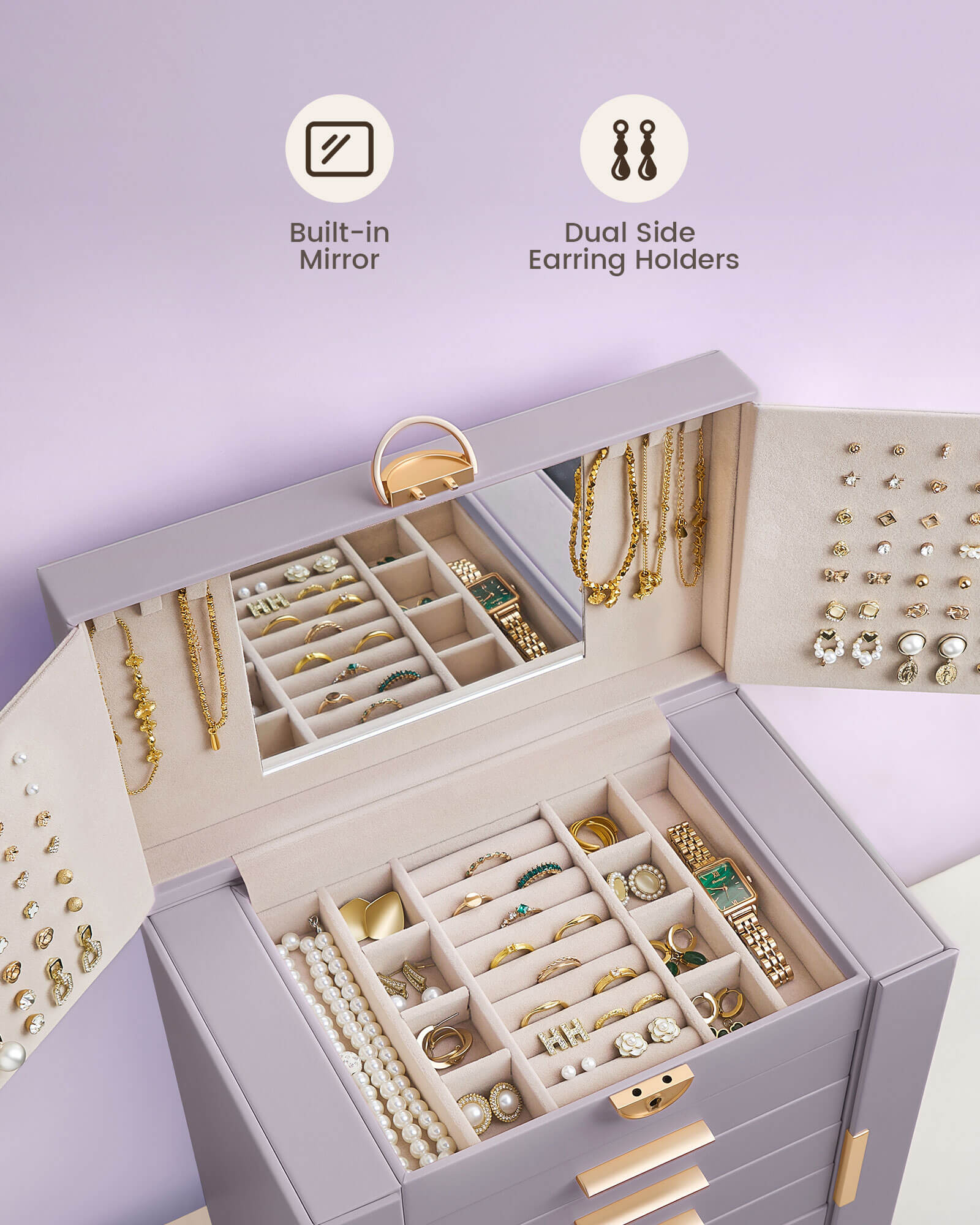 Luxury Large Capacity Jewelry Organizer Box with Mirror & Multi-Layer Drawers