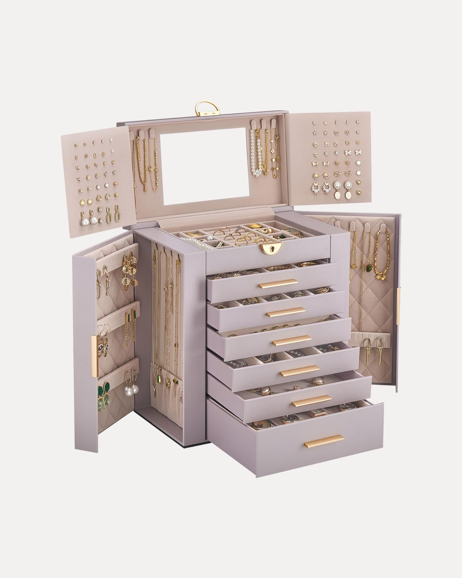 Luxury Large Capacity Jewelry Organizer Box with Mirror & Multi-Layer Drawers