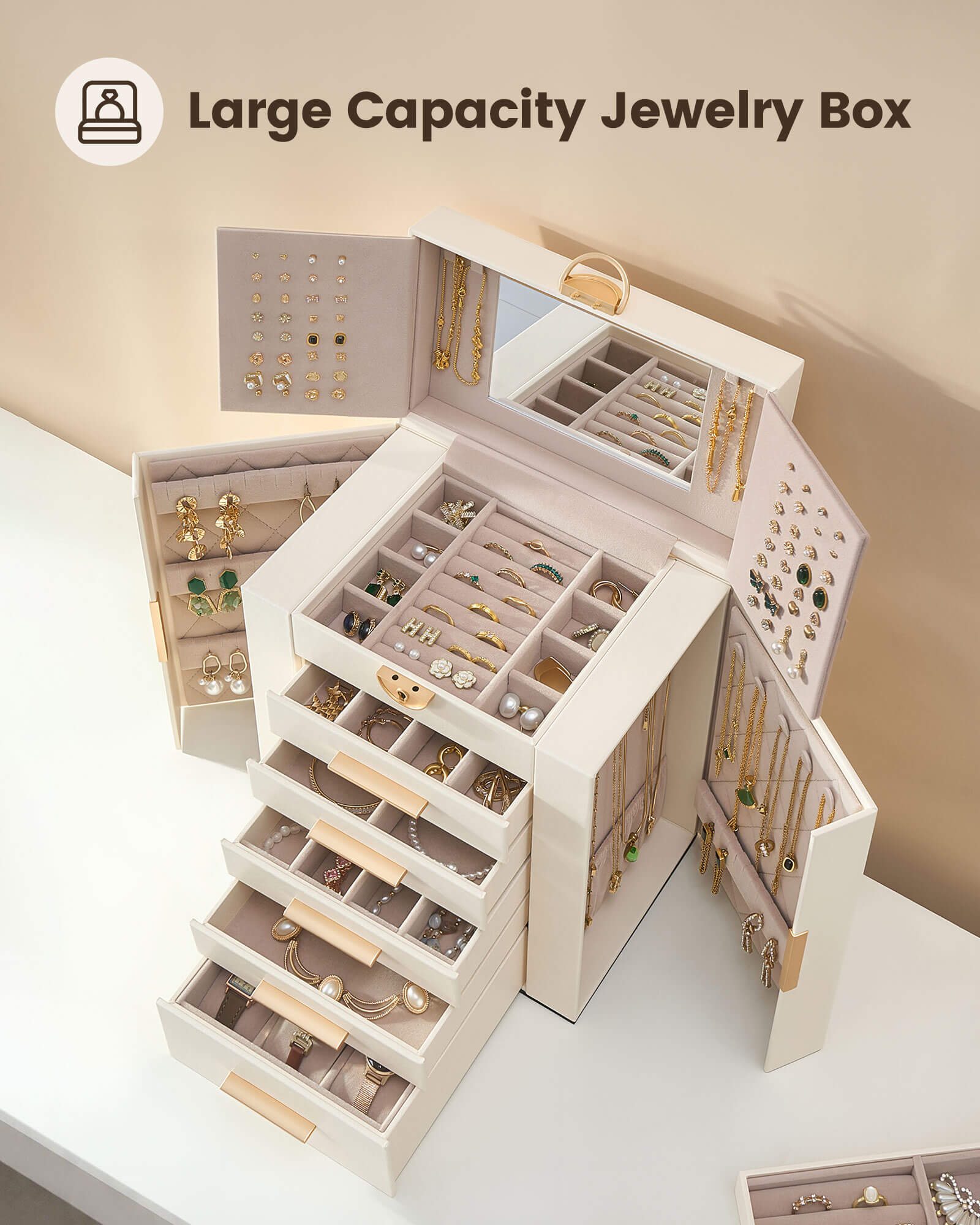 Luxury Large Capacity Jewelry Organizer Box with Mirror & Multi-Layer Drawers