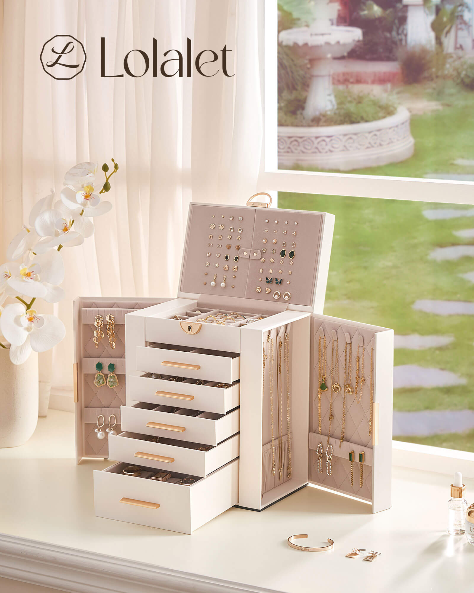 Luxury Large Capacity Jewelry Organizer Box with Mirror & Multi-Layer Drawers