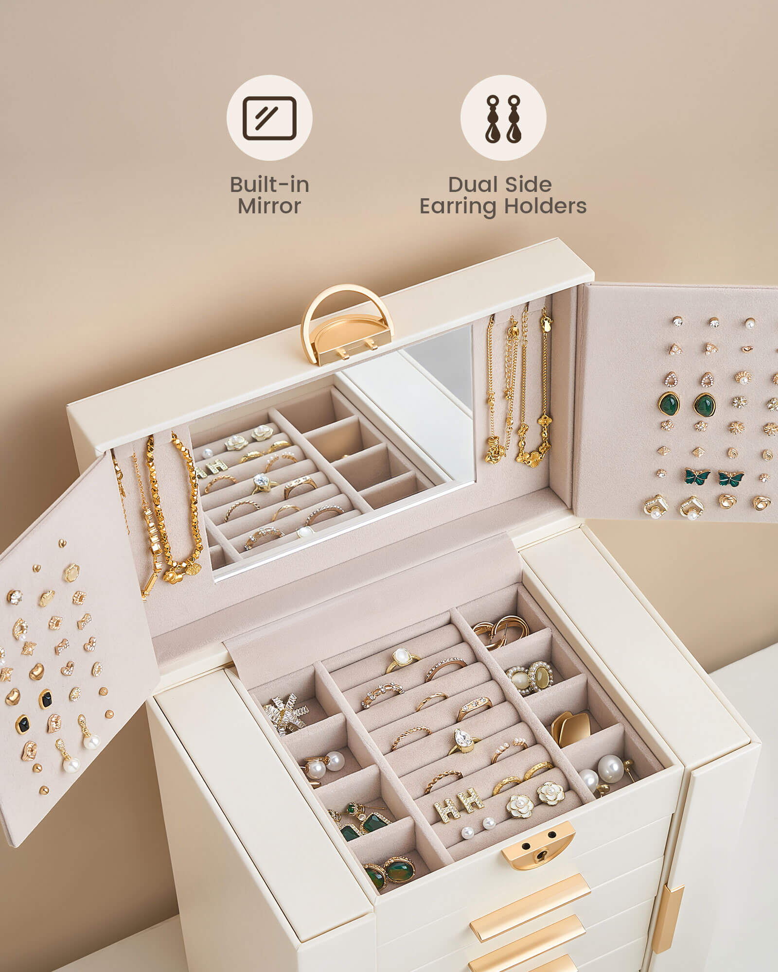 Luxury Large Capacity Jewelry Organizer Box with Mirror & Multi-Layer Drawers