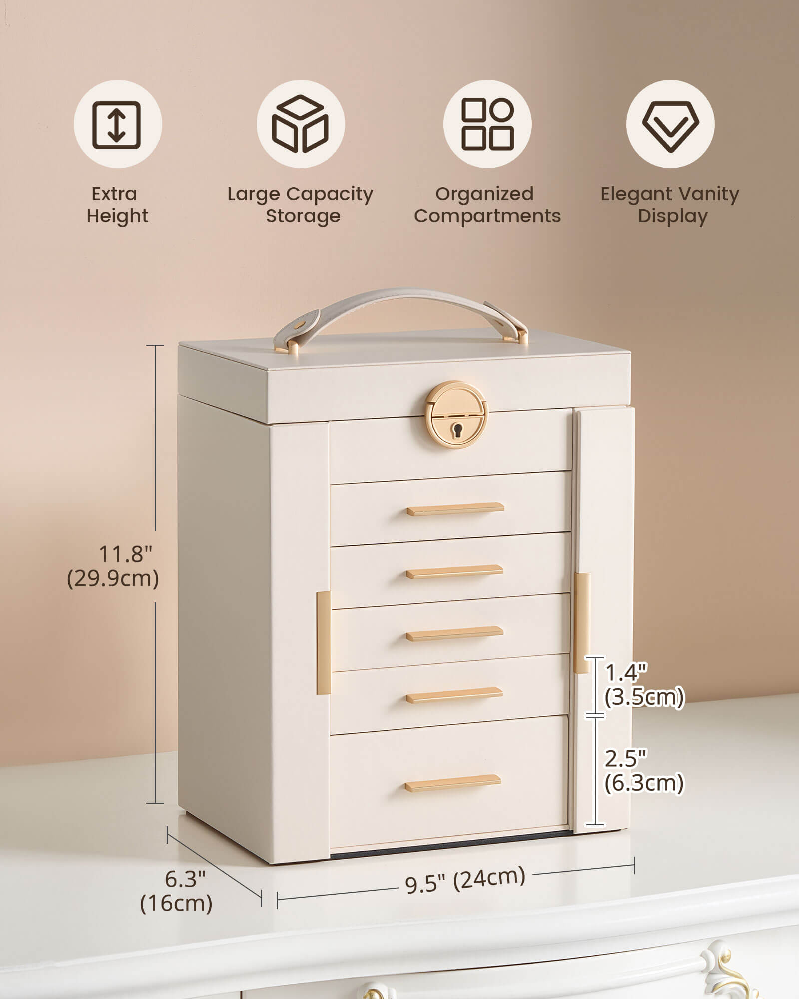 Luxury Large Capacity Jewelry Organizer Box with Mirror & Multi-Layer Drawers