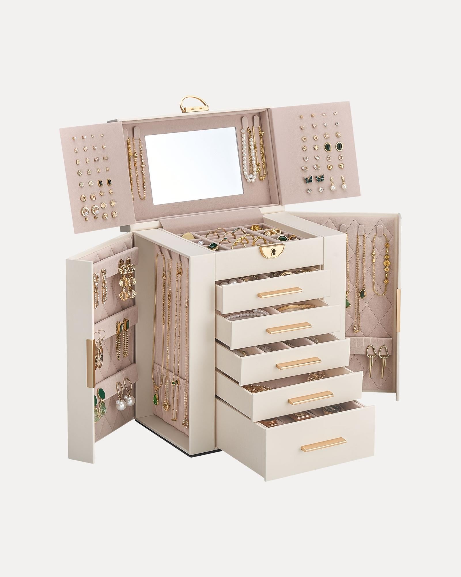 Luxury Large Capacity Jewelry Organizer Box with Mirror & Multi-Layer Drawers