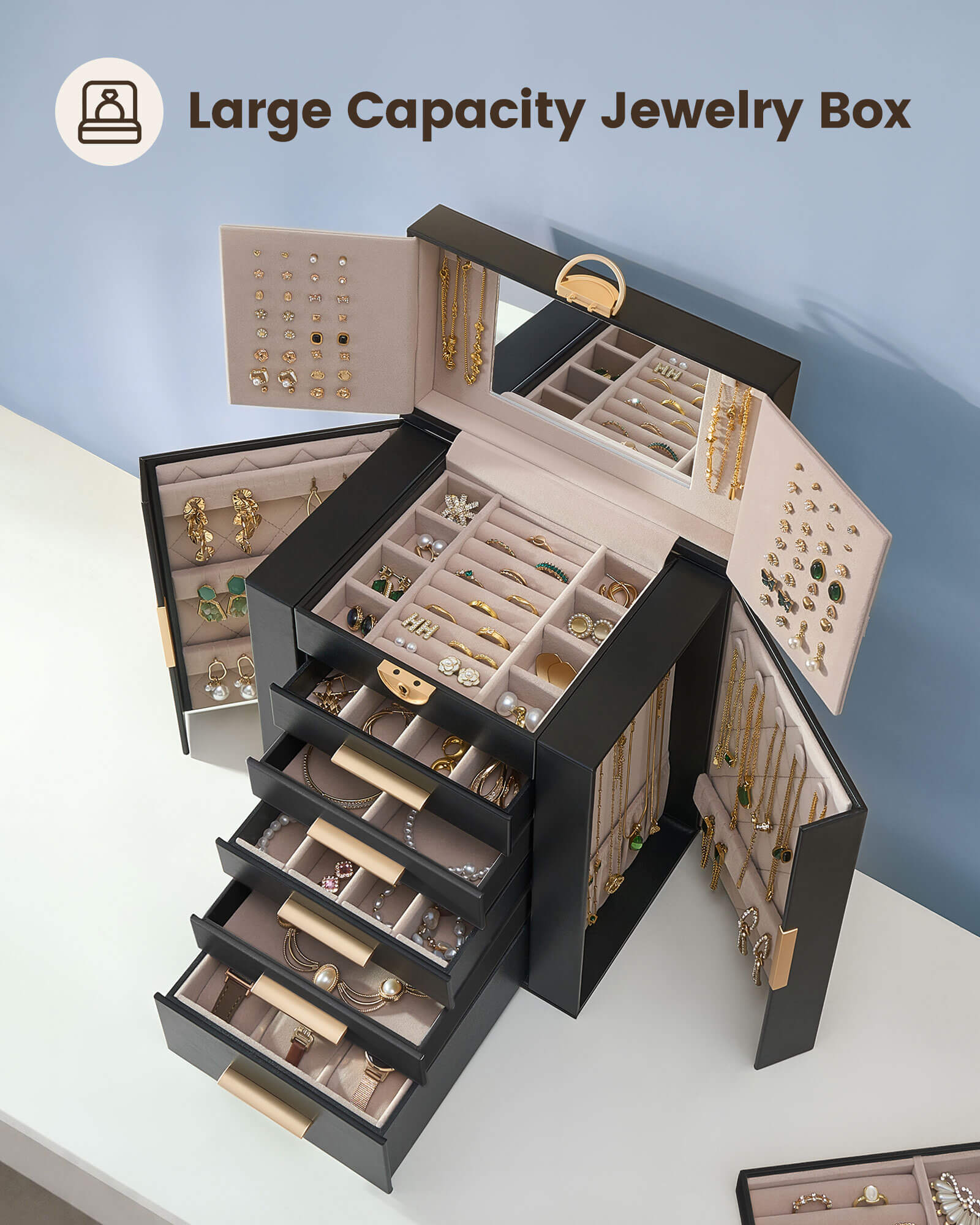 Luxury Large Capacity Jewelry Organizer Box with Mirror & Multi-Layer Drawers