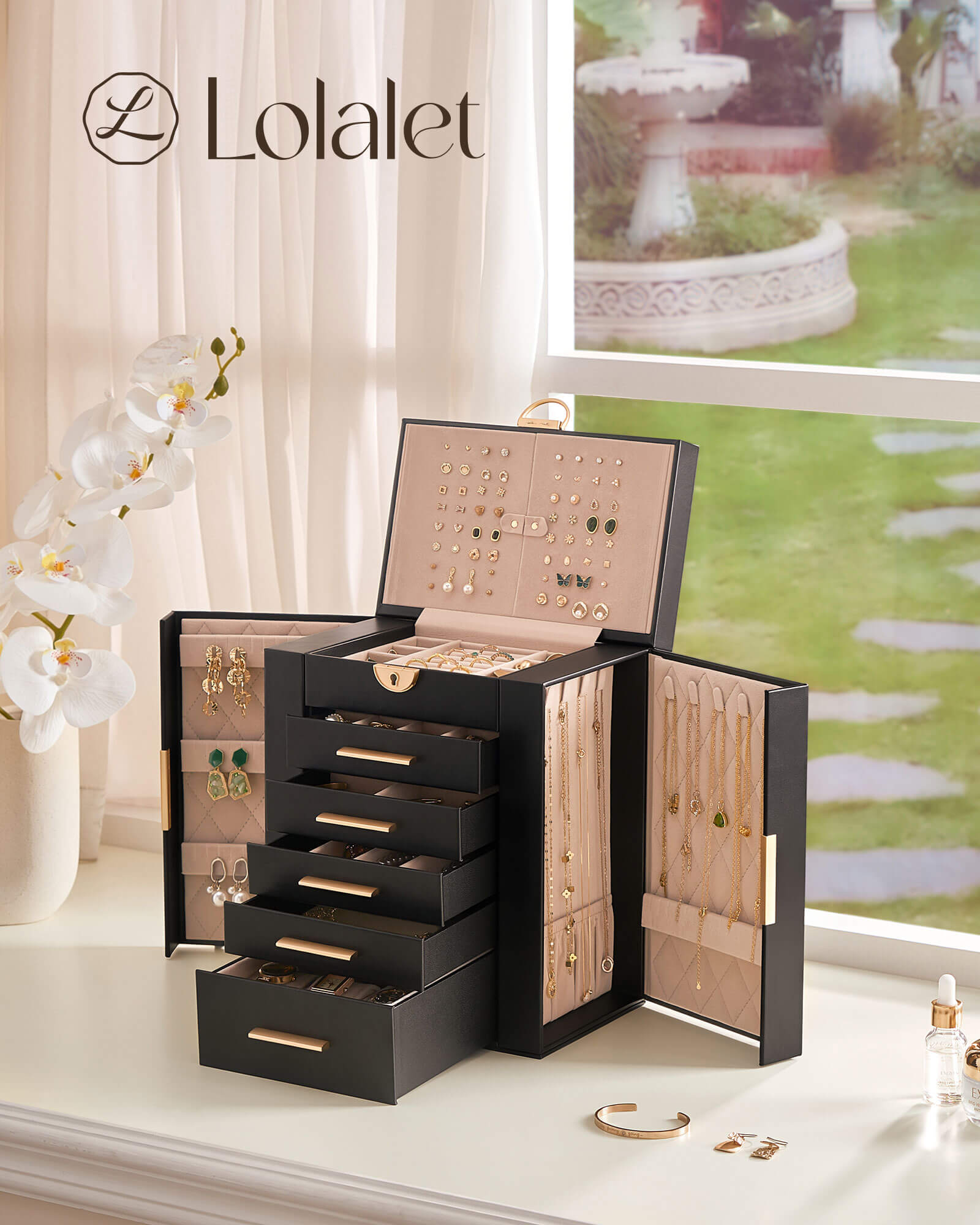 Luxury Large Capacity Jewelry Organizer Box with Mirror & Multi-Layer Drawers