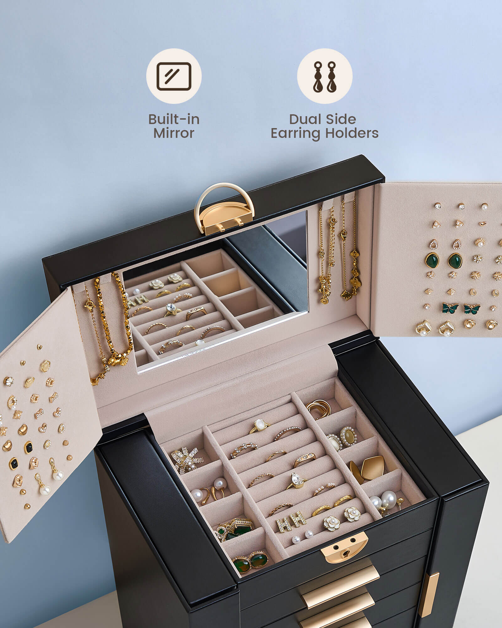 Luxury Large Capacity Jewelry Organizer Box with Mirror & Multi-Layer Drawers