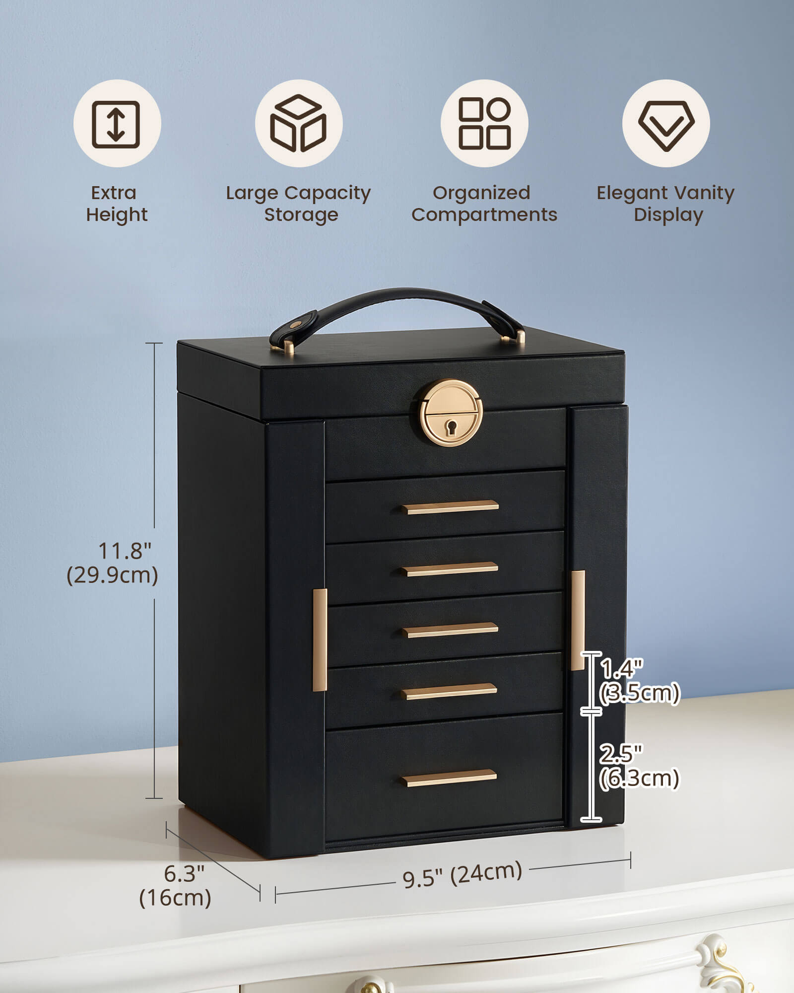 Luxury Large Capacity Jewelry Organizer Box with Mirror & Multi-Layer Drawers