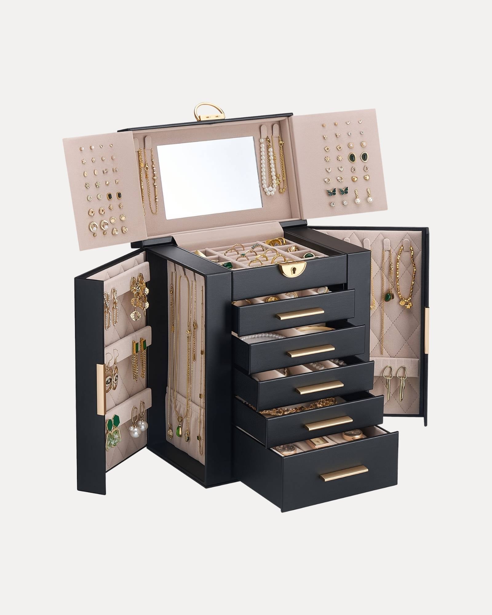 Luxury Large Capacity Jewelry Organizer Box with Mirror & Multi-Layer Drawers