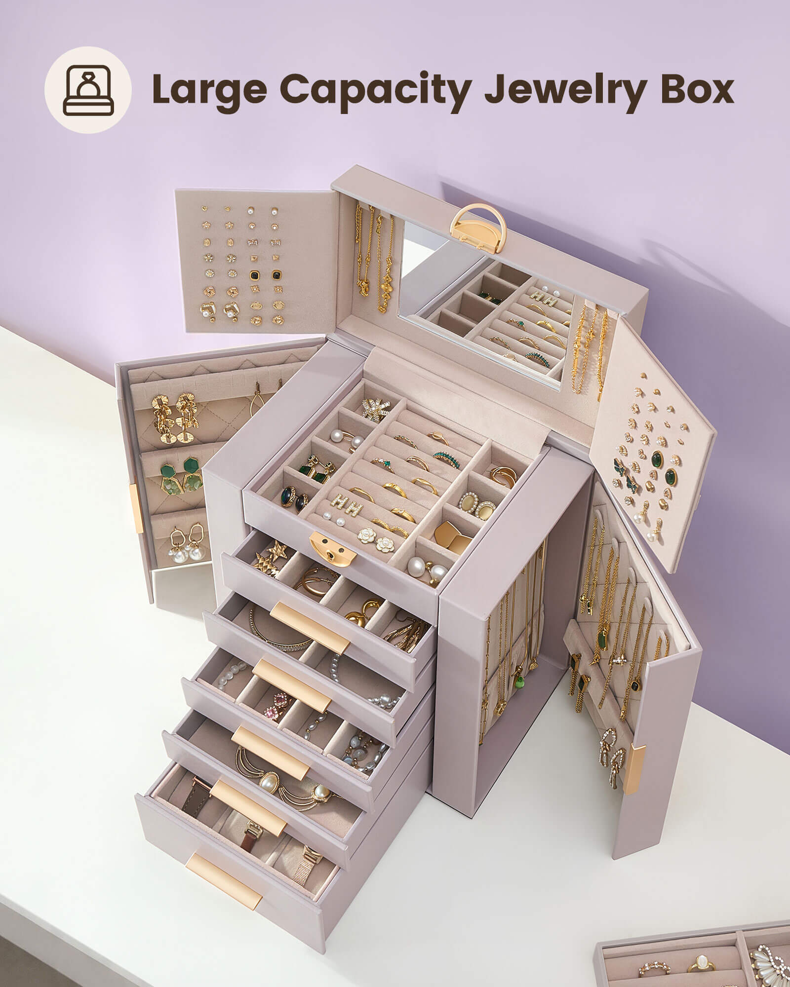 Luxury Large Capacity Jewelry Organizer Box with Mirror & Multi-Layer Drawers