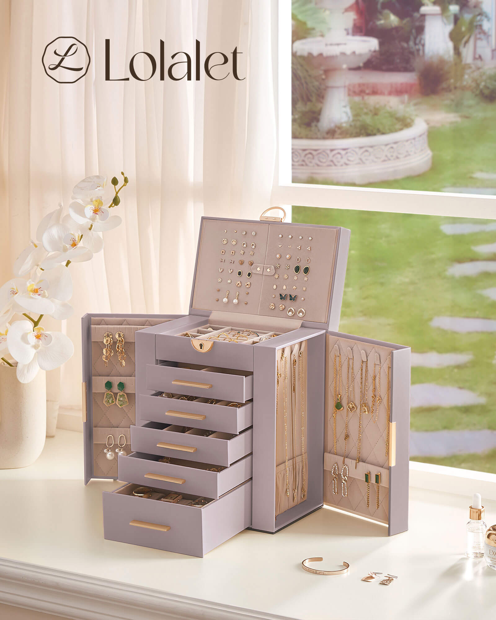 Luxury Large Capacity Jewelry Organizer Box with Mirror & Multi-Layer Drawers