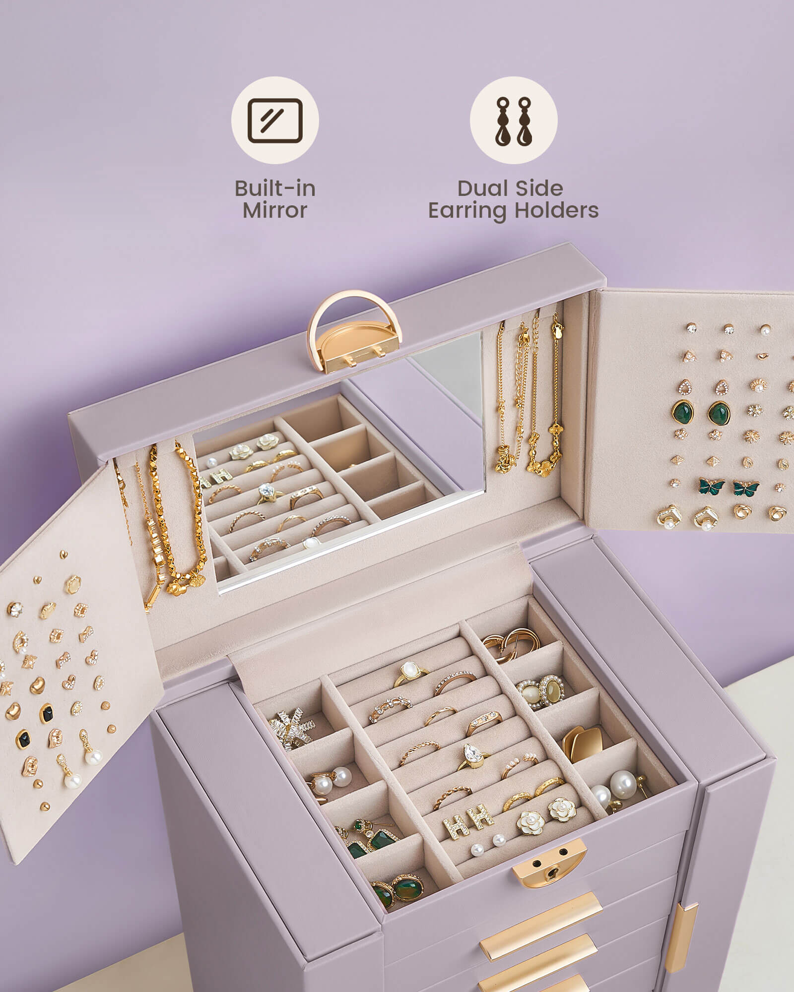 Luxury Large Capacity Jewelry Organizer Box with Mirror & Multi-Layer Drawers