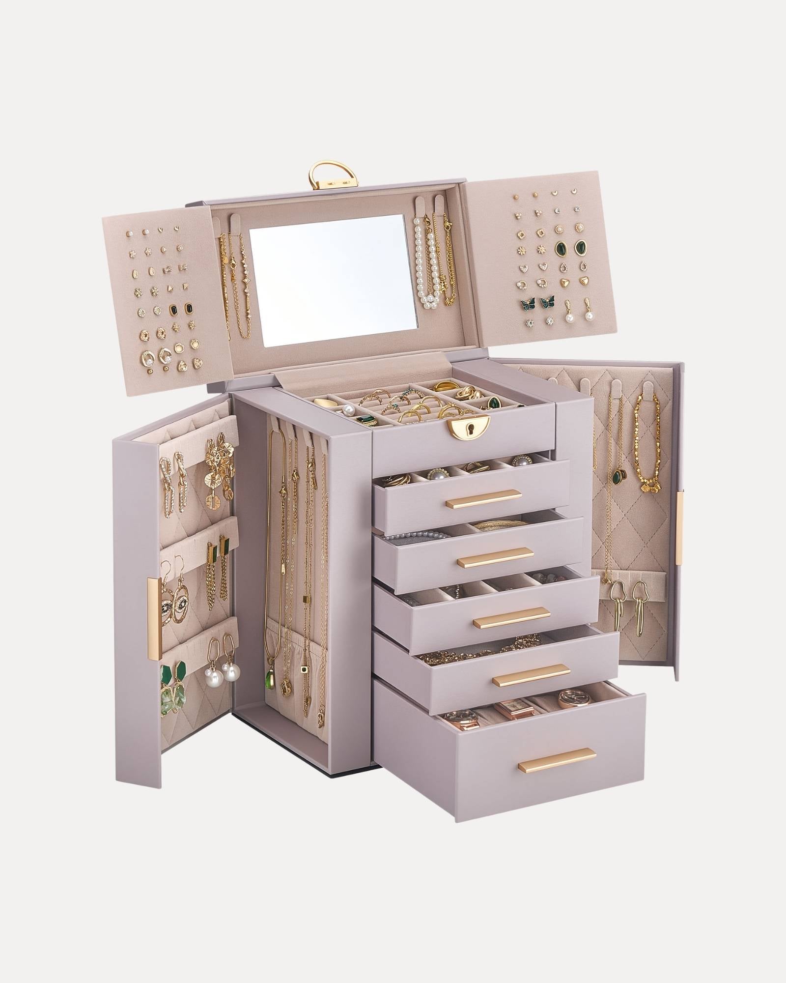 Luxury Large Capacity Jewelry Organizer Box with Mirror & Multi-Layer Drawers