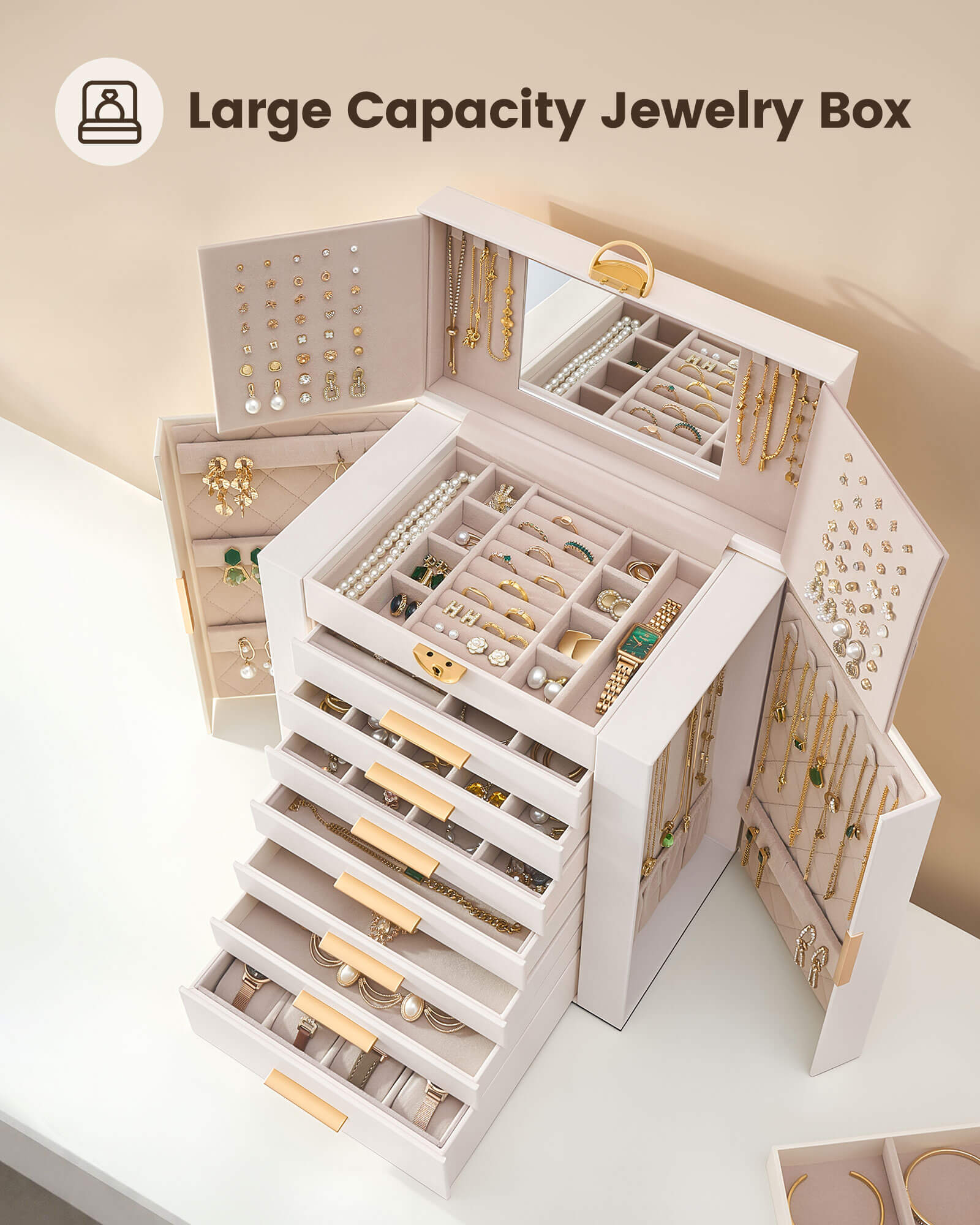 Luxury Large Capacity Jewelry Organizer Box with Mirror & Multi-Layer Drawers