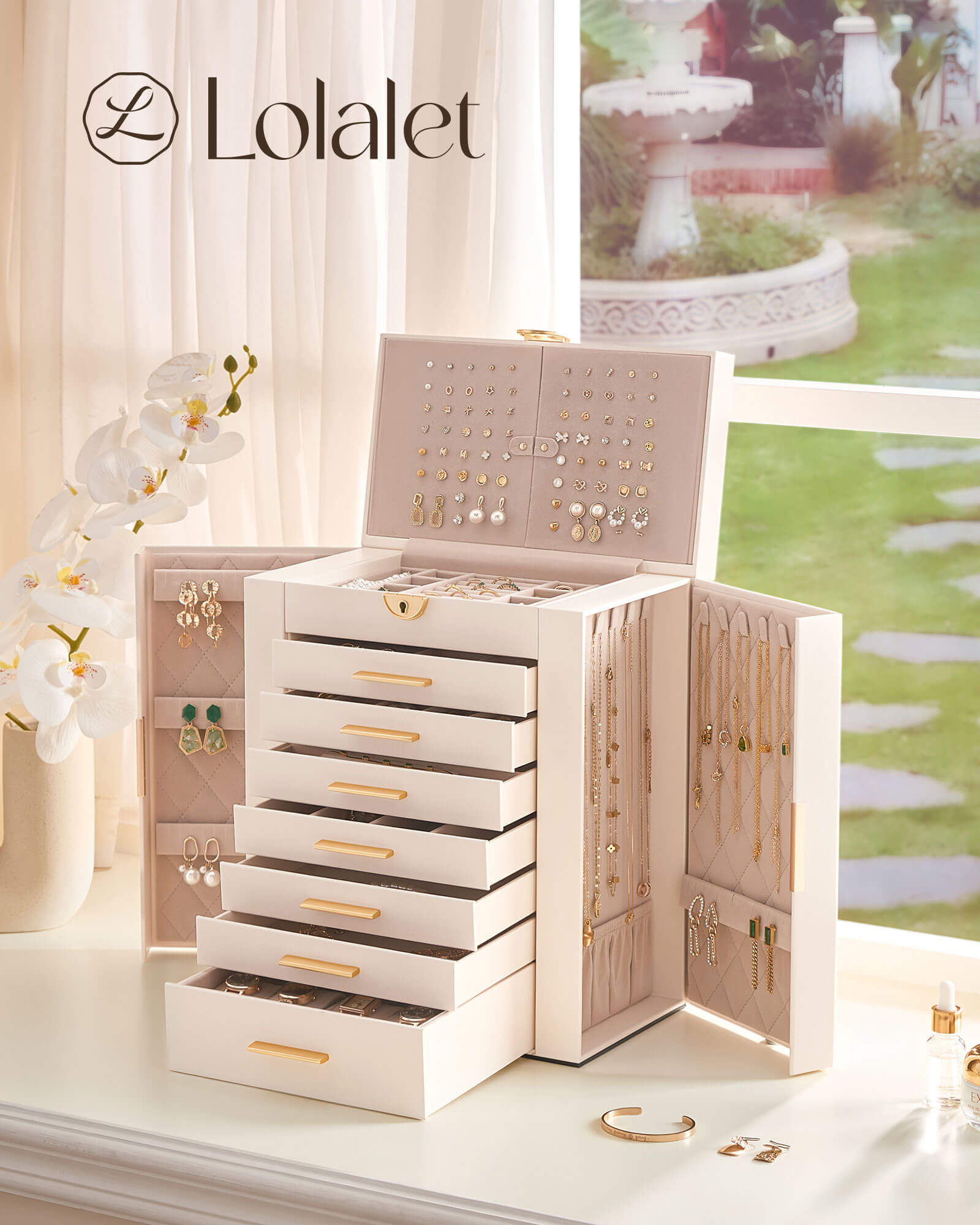 Luxury Large Capacity Jewelry Organizer Box with Mirror & Multi-Layer Drawers
