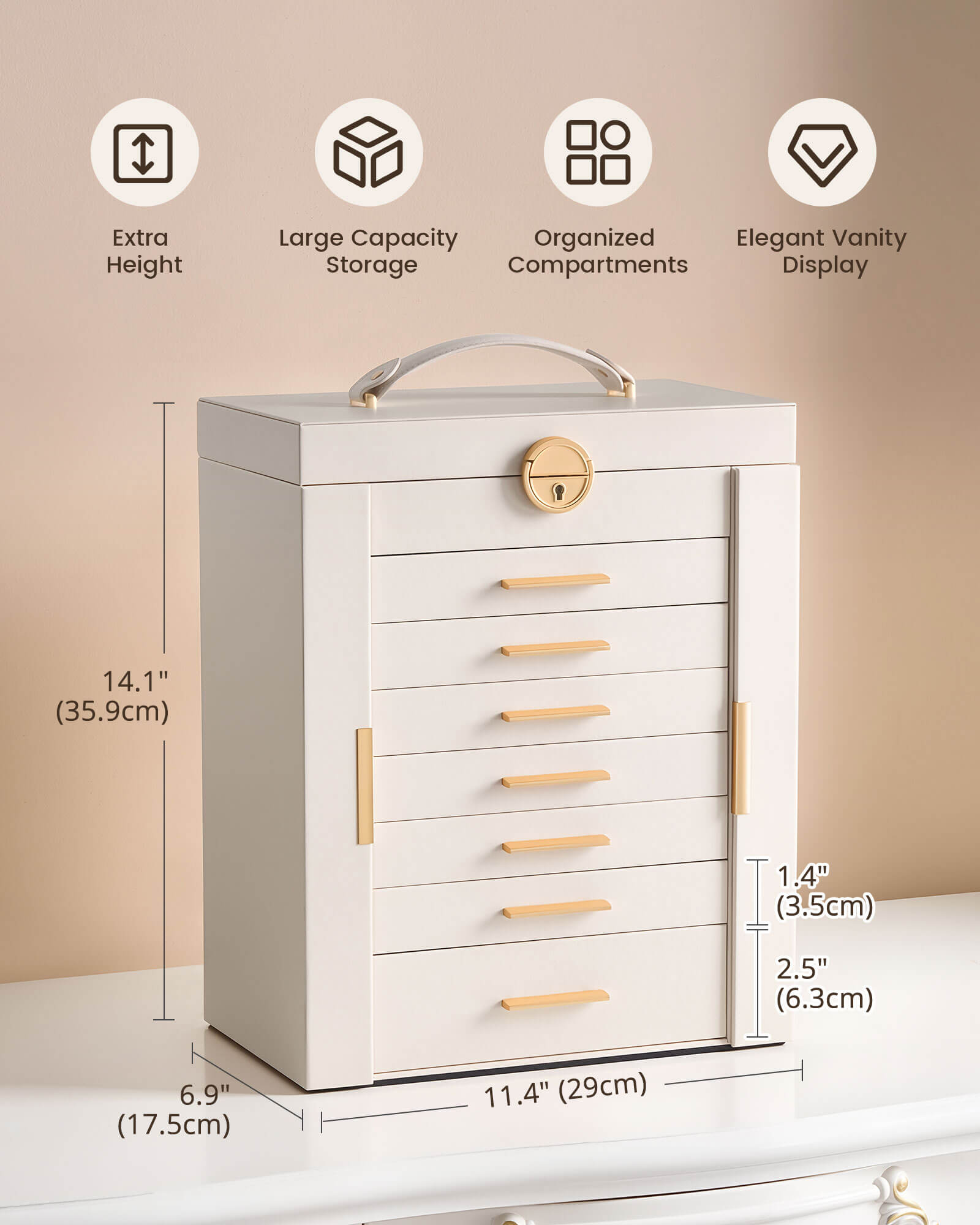 Luxury Large Capacity Jewelry Organizer Box with Mirror & Multi-Layer Drawers