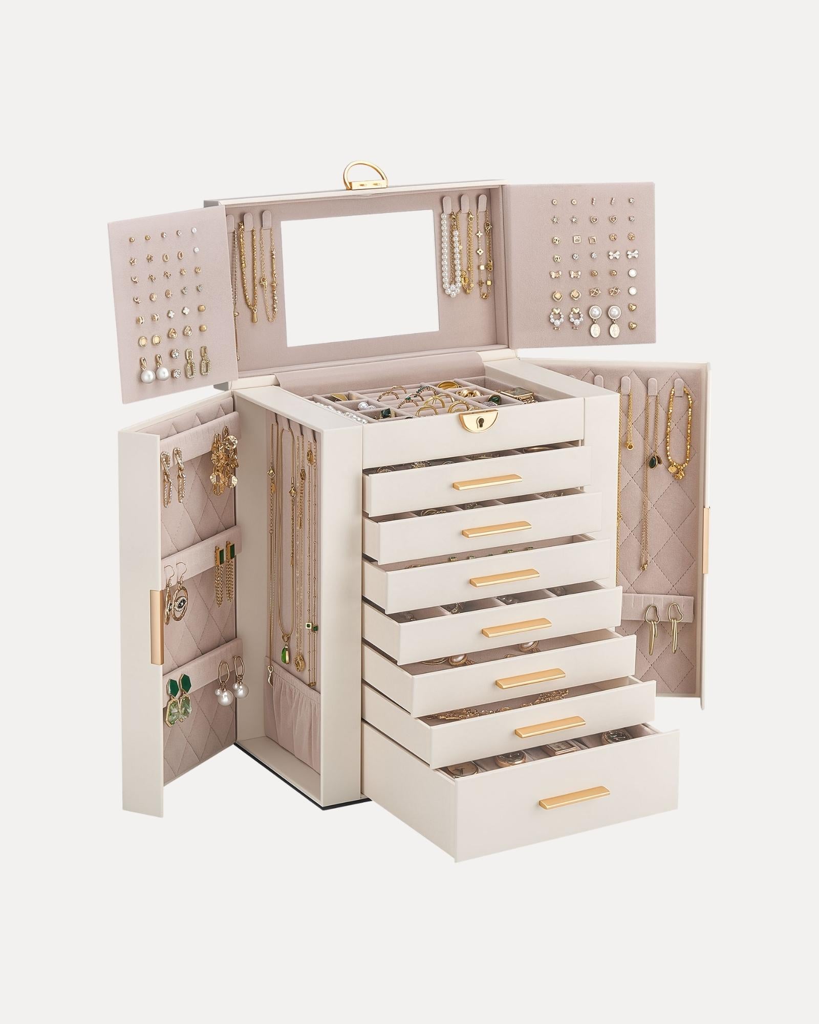Luxury Large Capacity Jewelry Organizer Box with Mirror & Multi-Layer Drawers