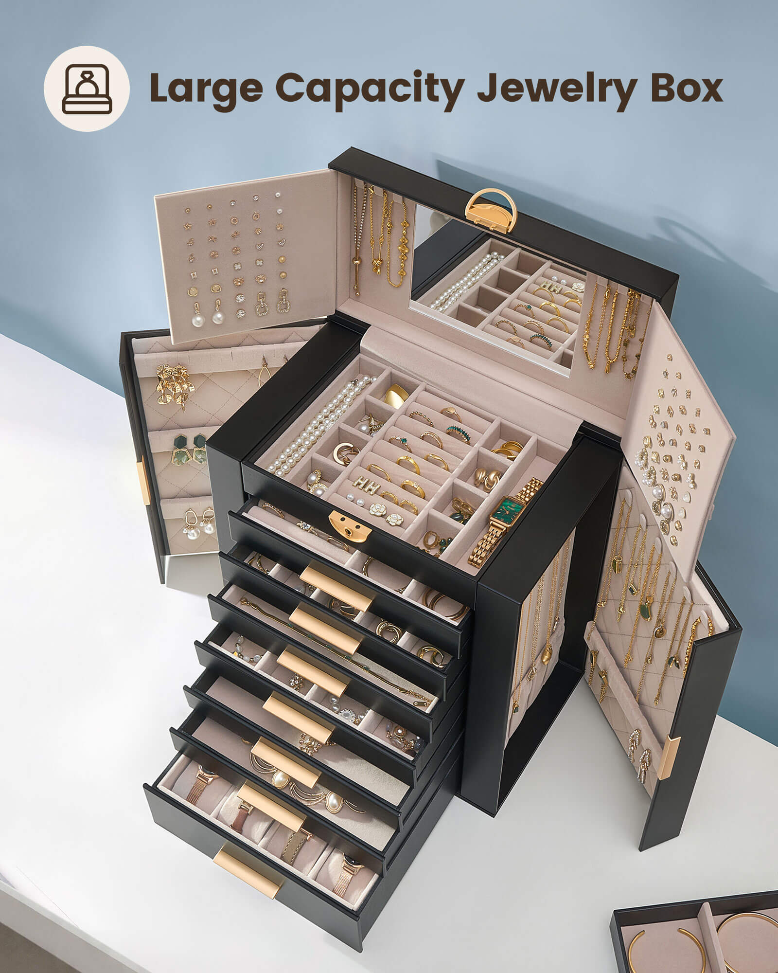 Luxury Large Capacity Jewelry Organizer Box with Mirror & Multi-Layer Drawers