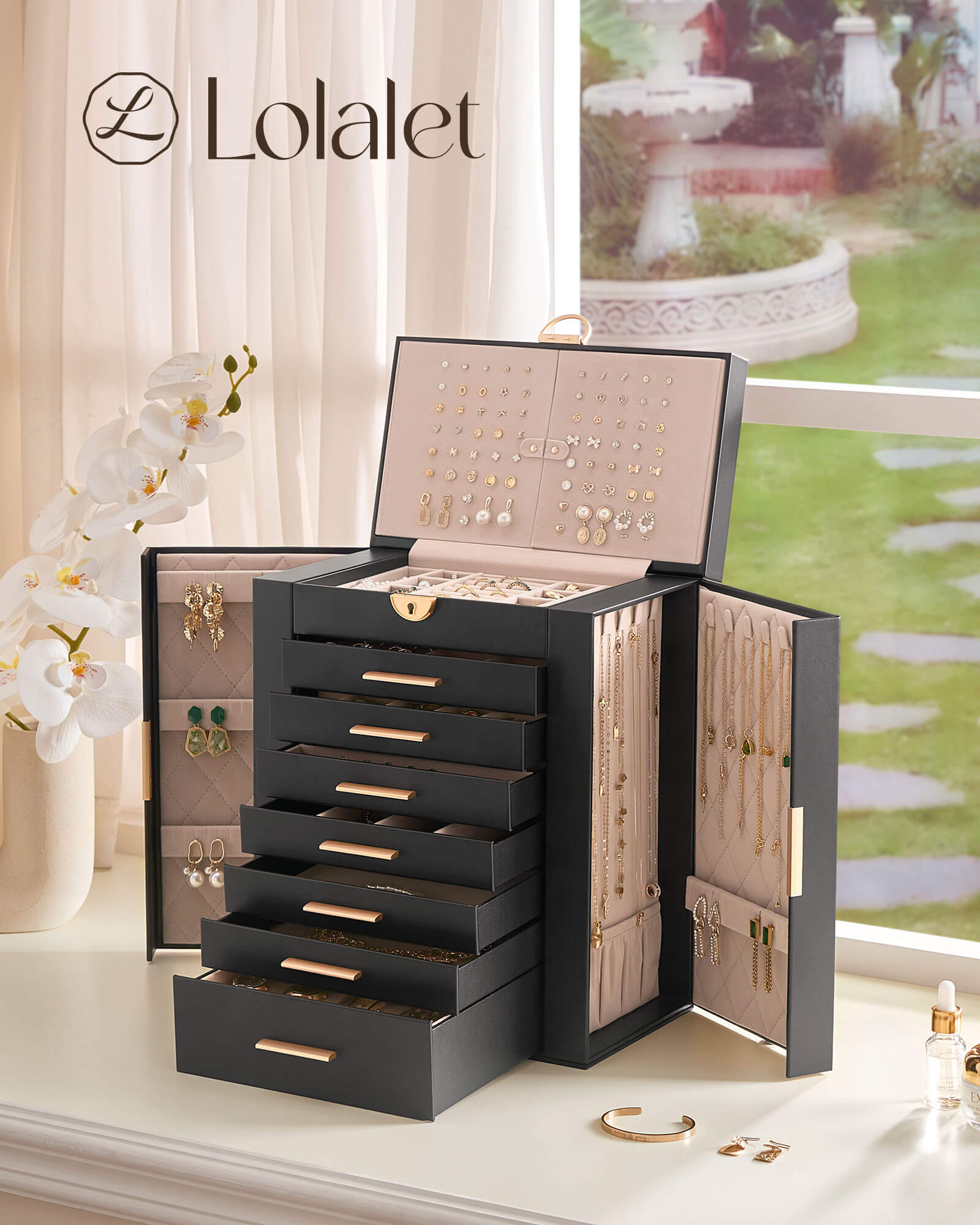 Luxury Large Capacity Jewelry Organizer Box with Mirror & Multi-Layer Drawers