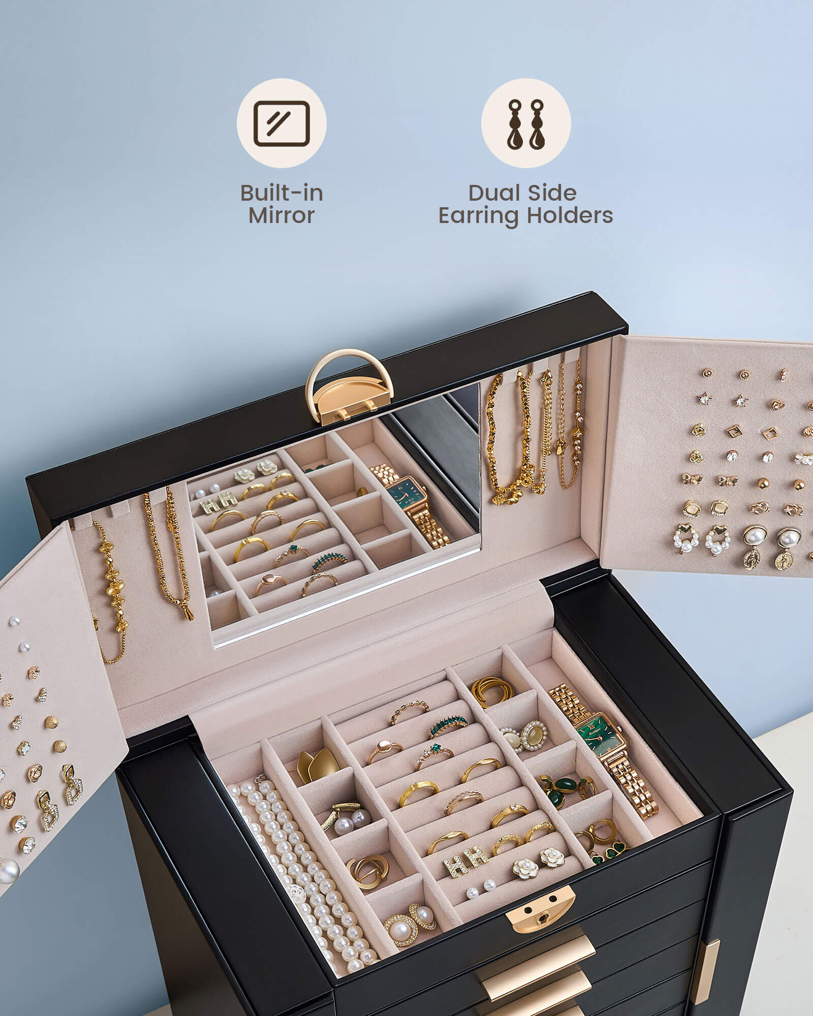 Luxury Large Capacity Jewelry Organizer Box with Mirror & Multi-Layer Drawers