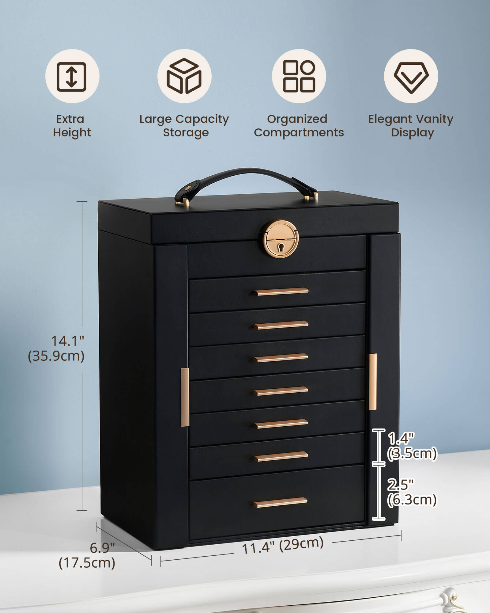 Luxury Large Capacity Jewelry Organizer Box with Mirror & Multi-Layer Drawers
