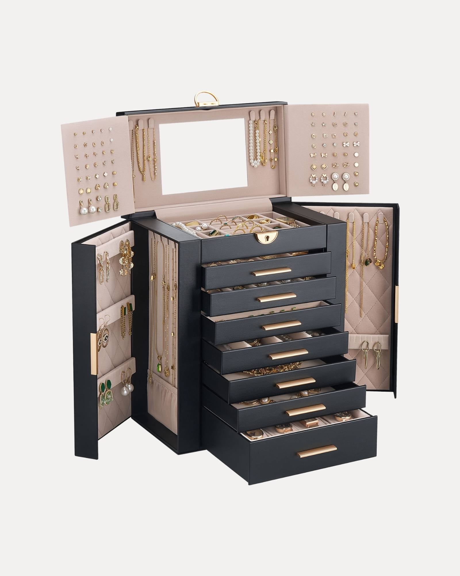 Luxury Large Capacity Jewelry Organizer Box with Mirror & Multi-Layer Drawers