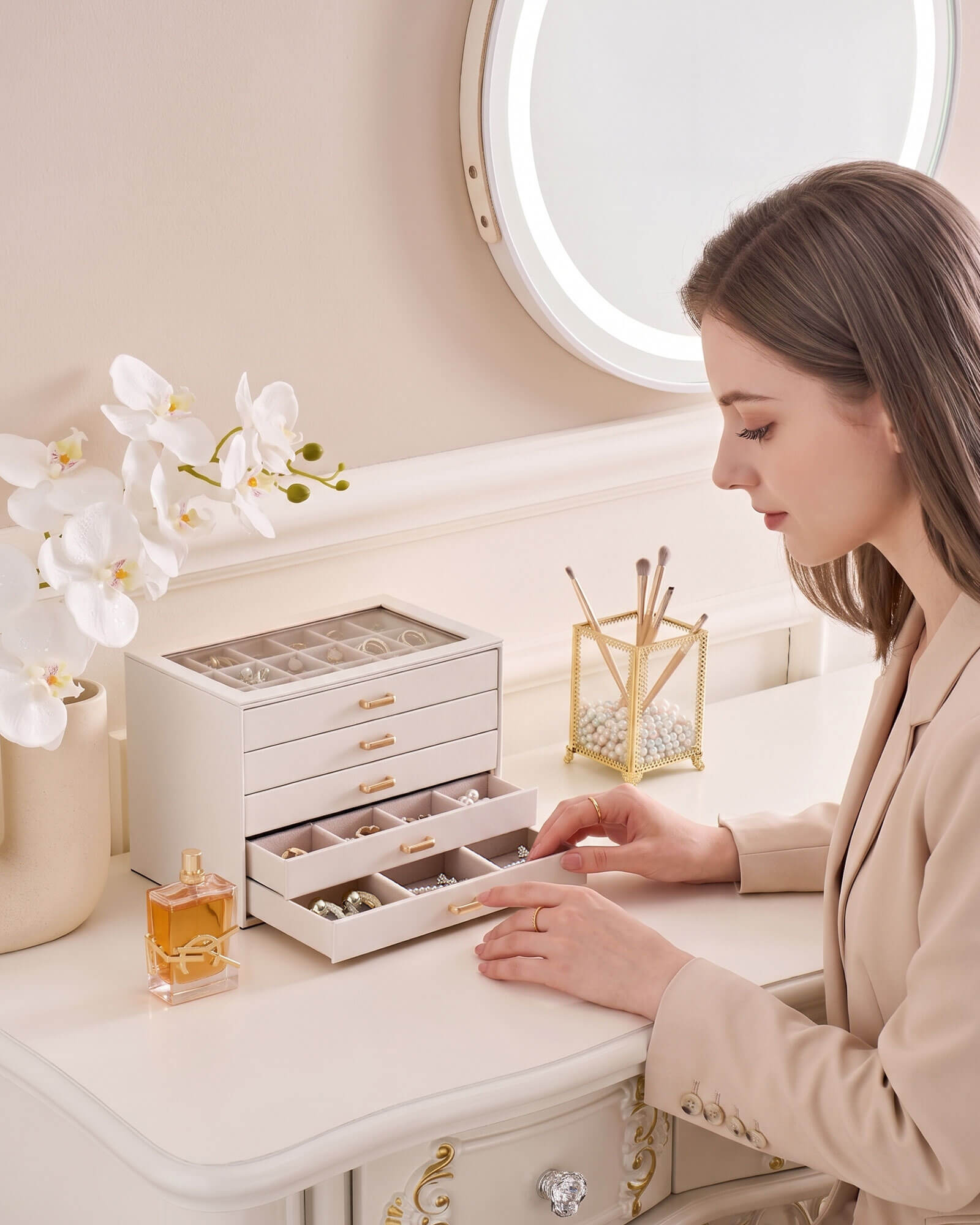 Aesthetic Jewelry Box Organizers and Storage for Rings & Earrings with Clear Lid