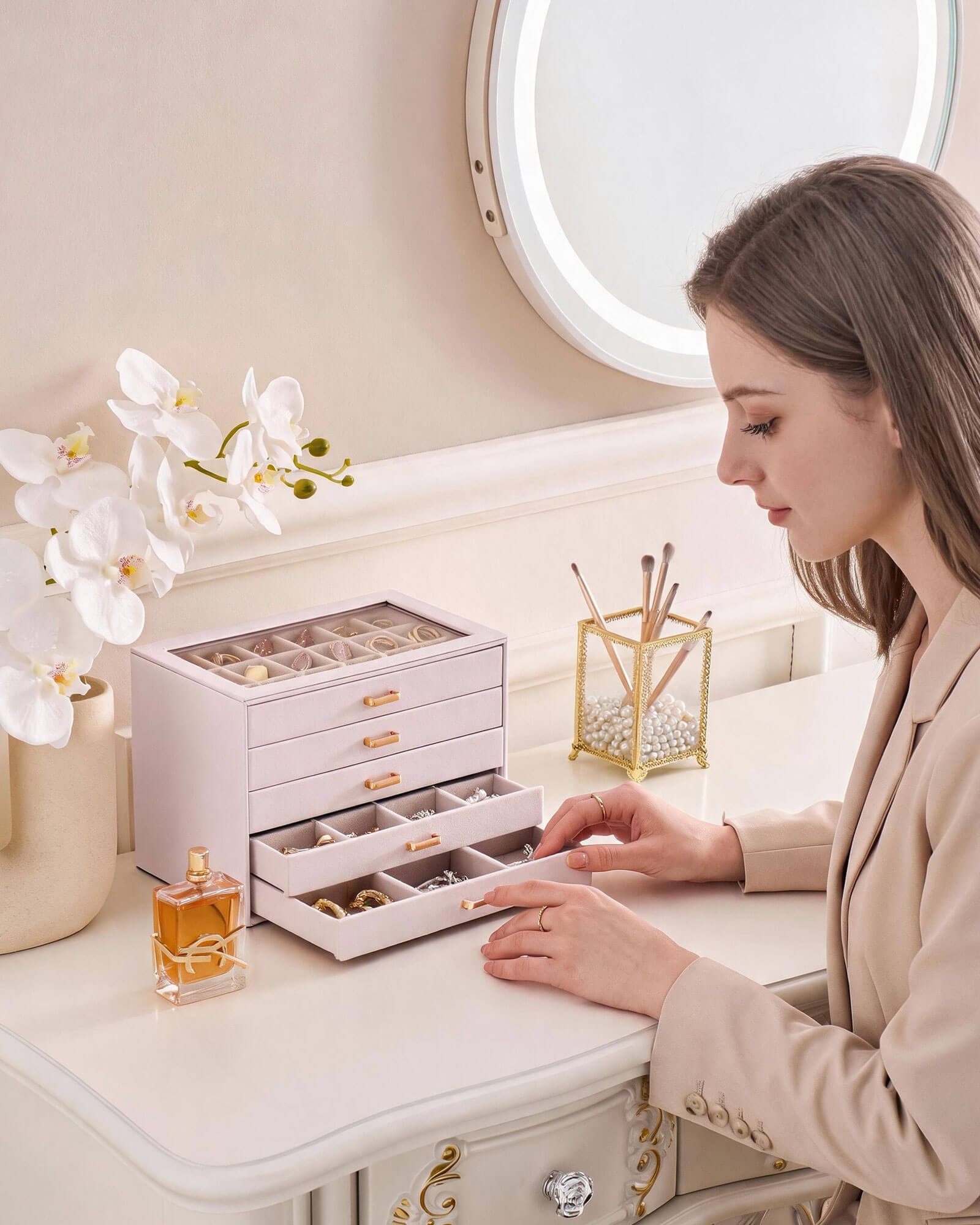 Aesthetic Jewelry Box Organizers and Storage for Rings & Earrings with Clear Lid