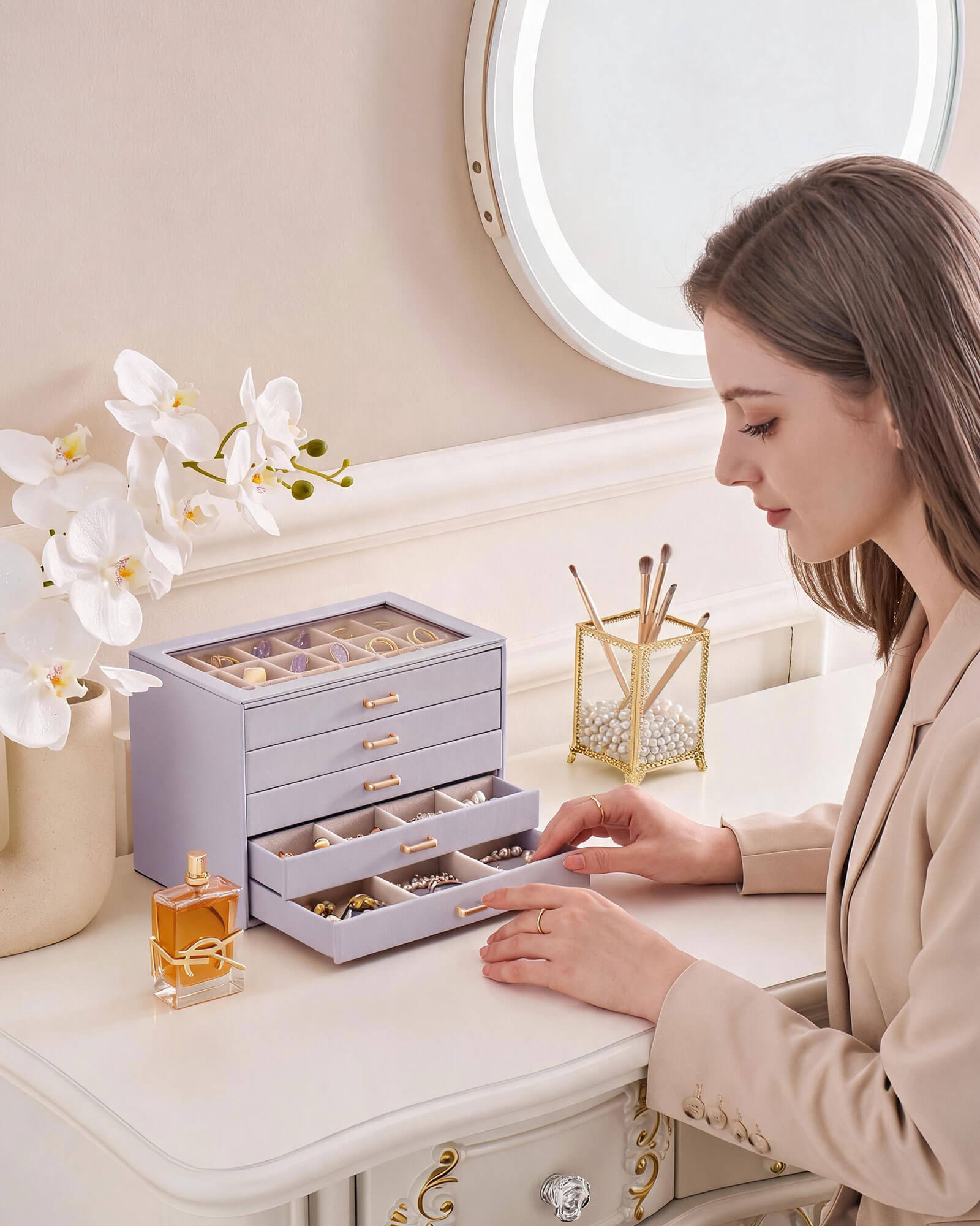 Aesthetic Jewelry Box Organizers and Storage for Rings & Earrings with Clear Lid