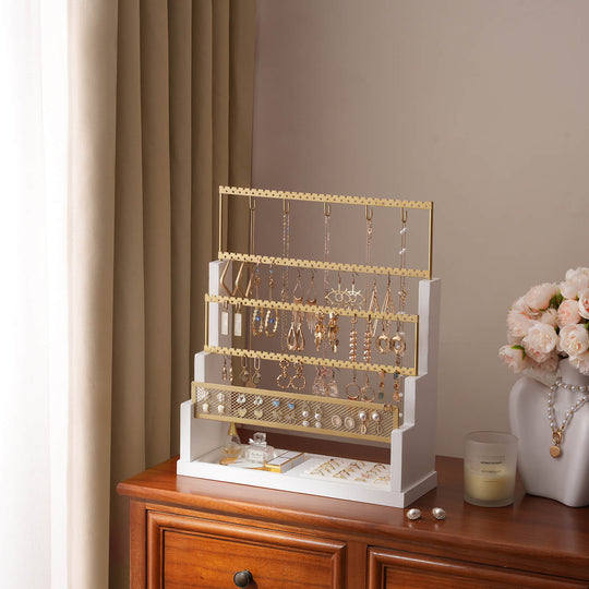 Side view of the Lolalet 5-tier earring holder, showing the depth of the wooden structure and how necklaces can hang without tangling.