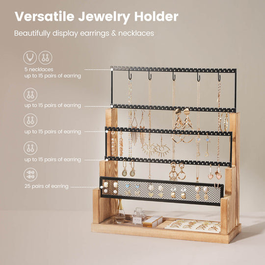 A rustic wooden Lolalet jewelry stand with 5 tiers, fully organized with up to 90 pairs of earrings, plus necklaces hanging from the top and rings nestled in the grey velvet tray at the bottom.