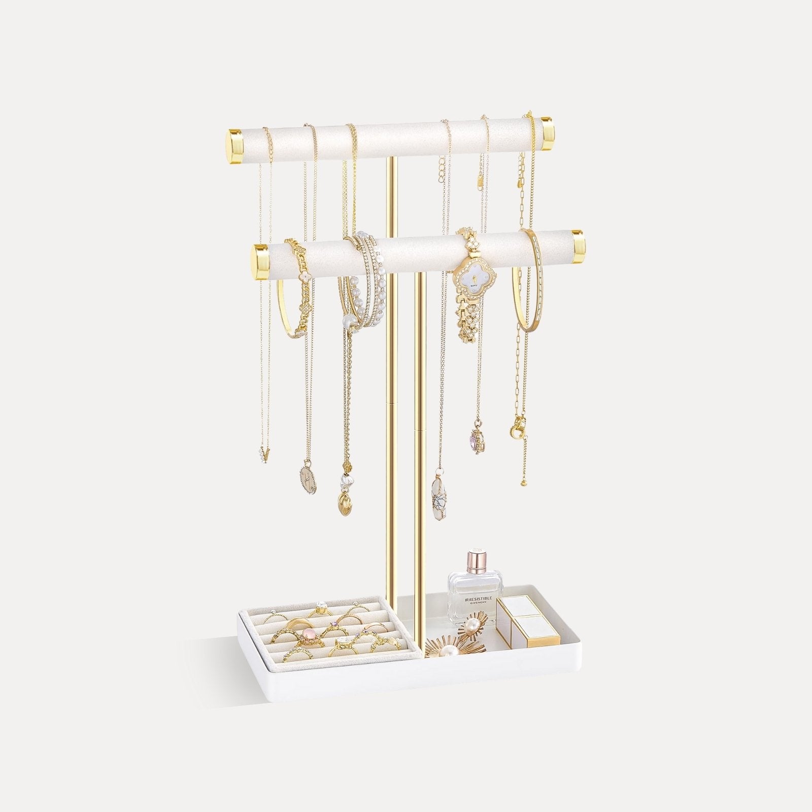 2-Tier Velvet Wrapped Necklace Holder Display with Removable Ring Tray