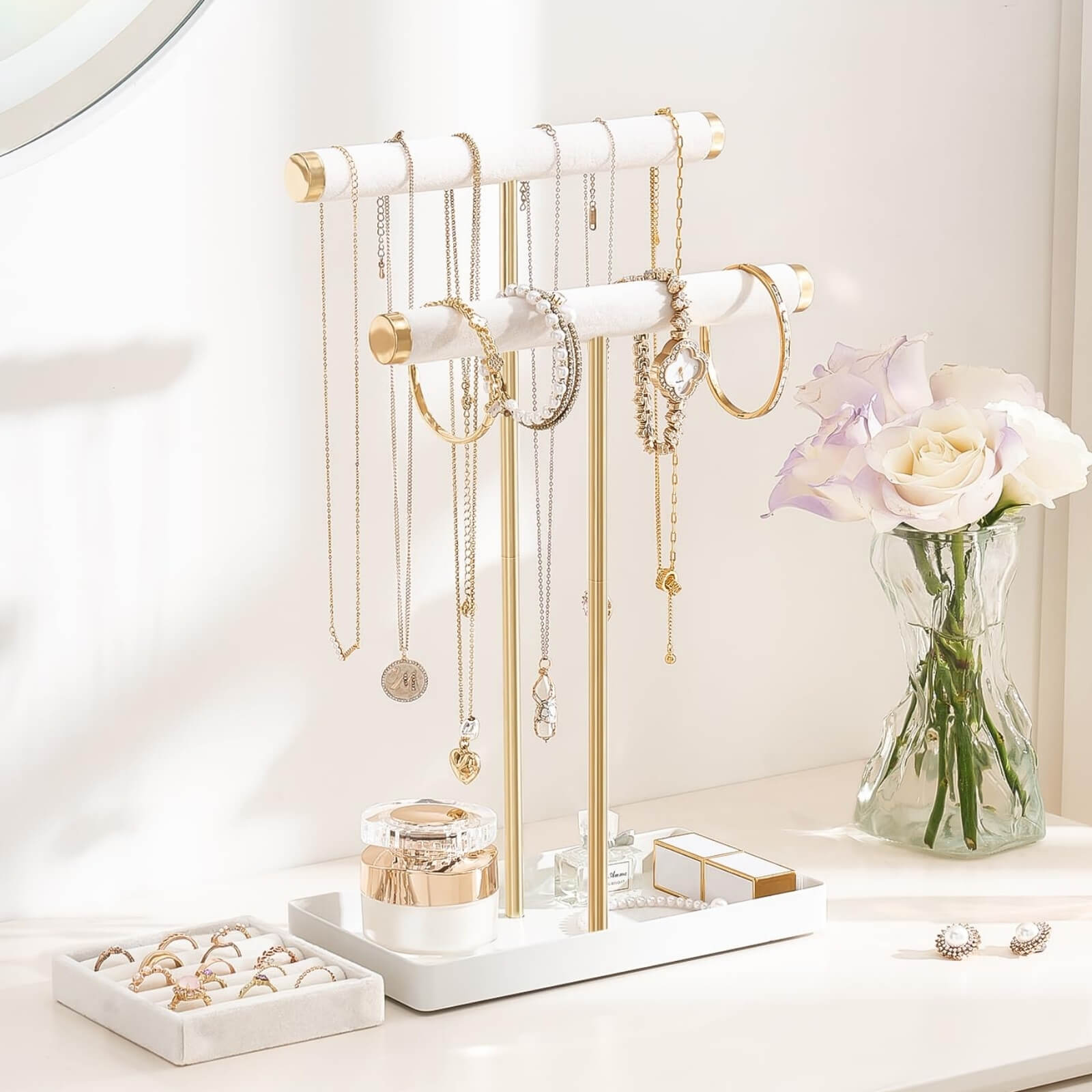 2-Tier Velvet Wrapped Necklace Holder Display with Removable Ring Tray