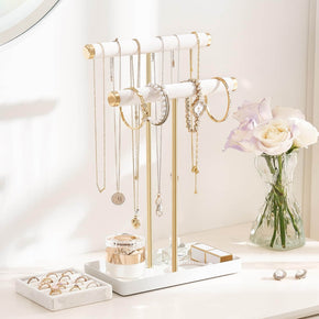 2-Tier Velvet Wrapped Necklace Holder Display with Removable Ring Tray