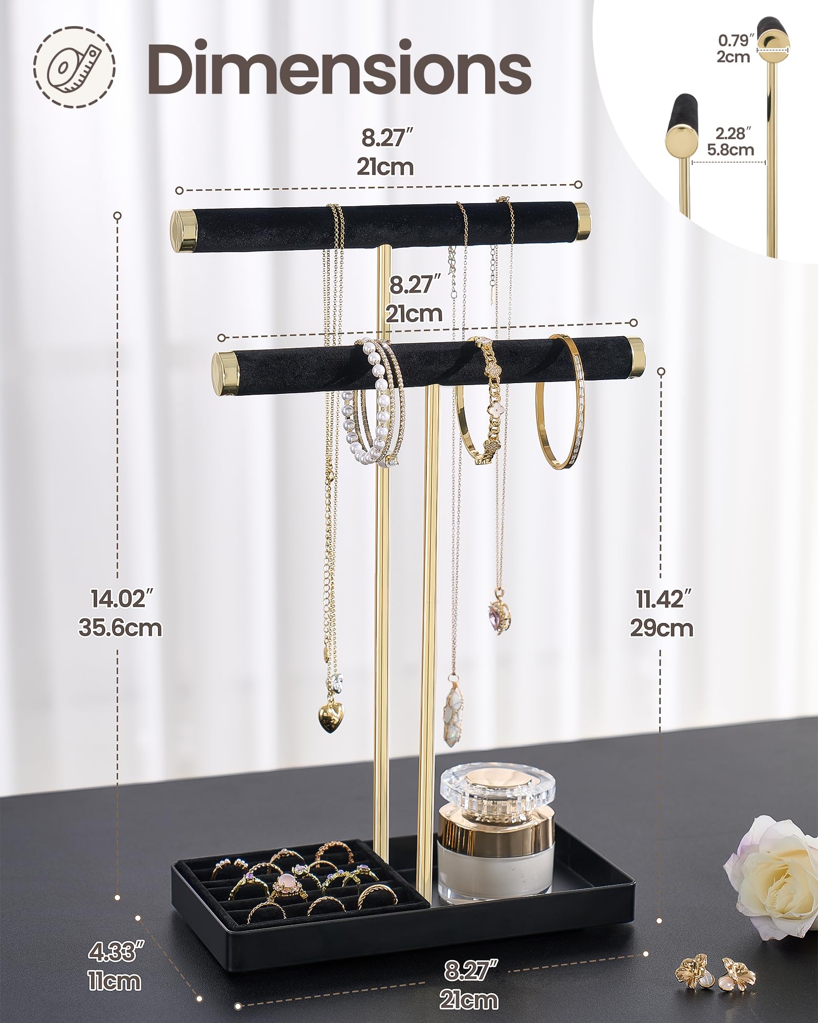2-Tier Velvet Wrapped Necklace Holder Display with Removable Ring Tray
