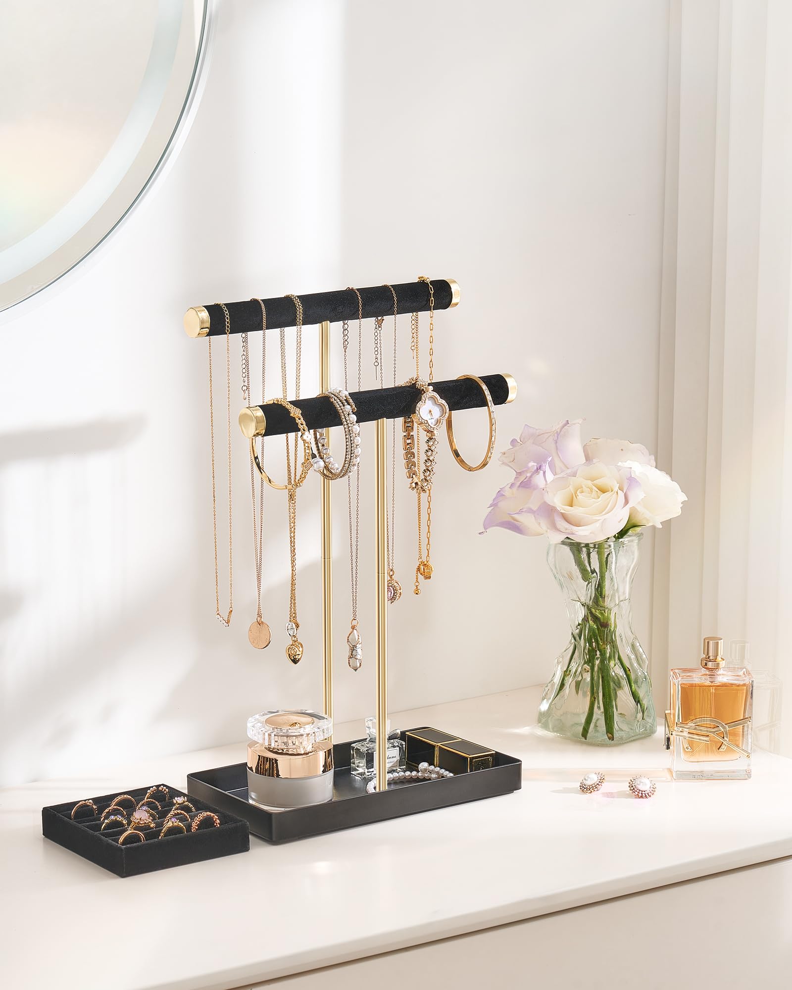 2-Tier Velvet Wrapped Necklace Holder Display with Removable Ring Tray