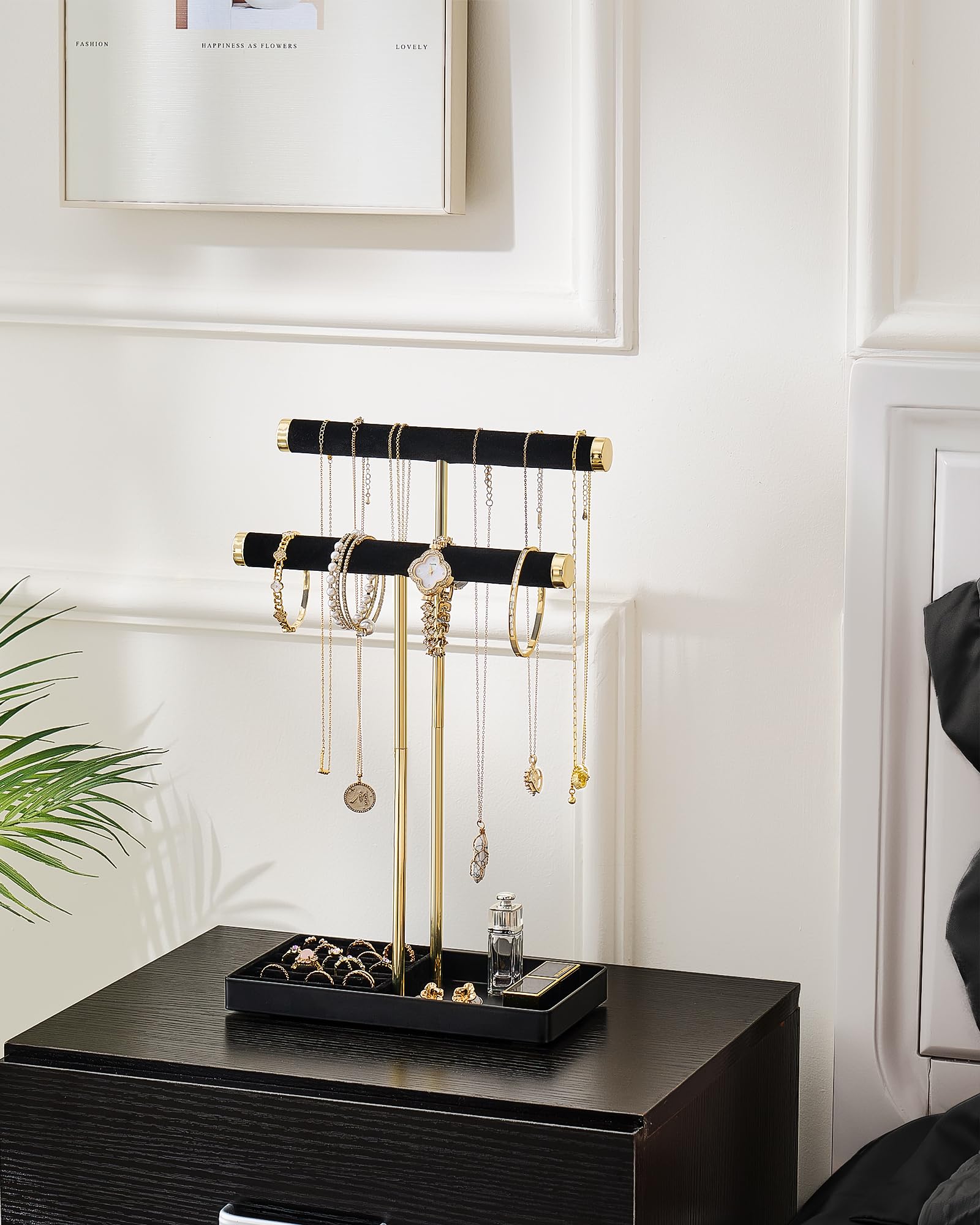 2-Tier Velvet Wrapped Necklace Holder Display with Removable Ring Tray