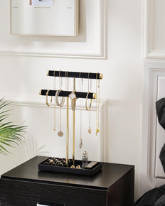 2-Tier Velvet Wrapped Necklace Holder Display with Removable Ring Tray