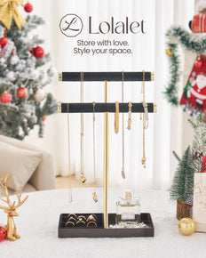 2-Tier Velvet Wrapped Necklace Holder Display with Removable Ring Tray