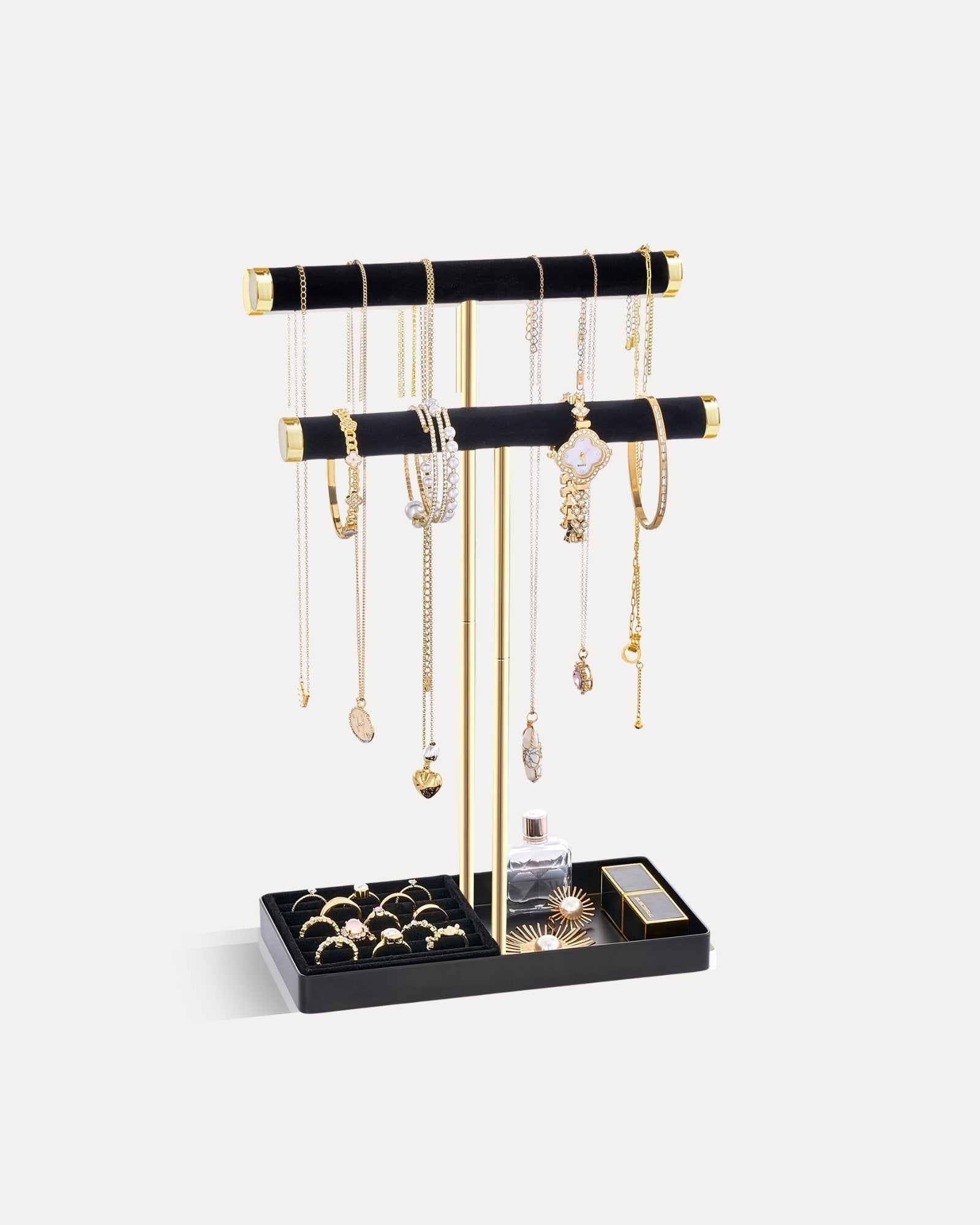 2-Tier Velvet Wrapped Necklace Holder Display with Removable Ring Tray
