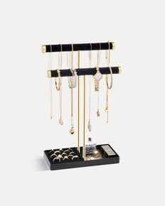 2-Tier Velvet Wrapped Necklace Holder Display with Removable Ring Tray