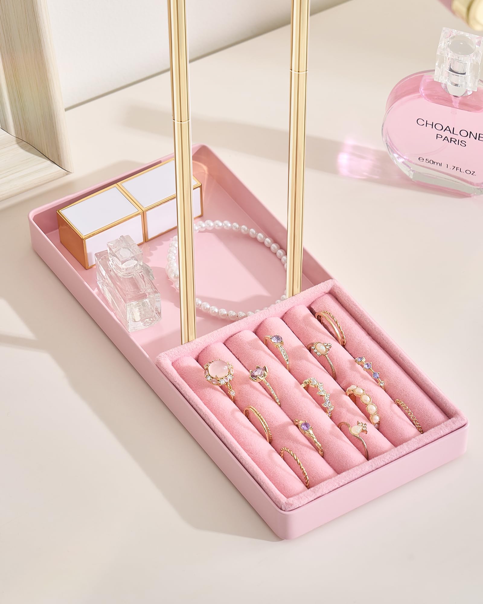 2-Tier Velvet Wrapped Necklace Holder Display with Removable Ring Tray