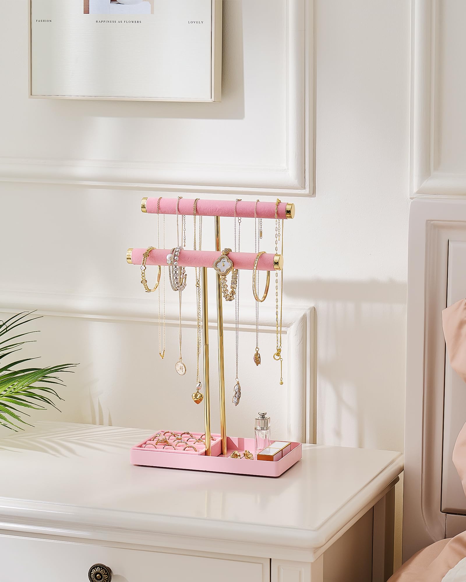 2-Tier Velvet Wrapped Necklace Holder Display with Removable Ring Tray